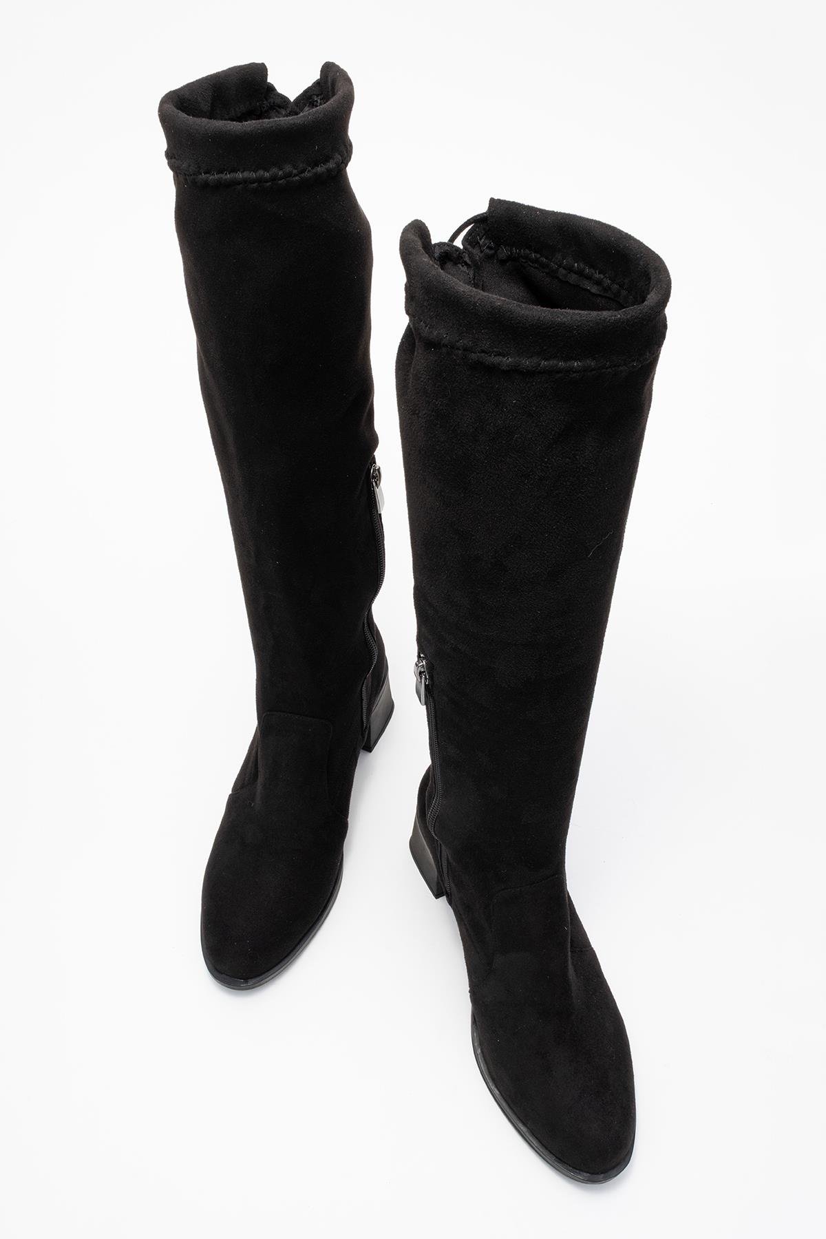 Kadın Dizaltı Streç Topuklu Çizme; SİYAH SÜET - Görsel 6