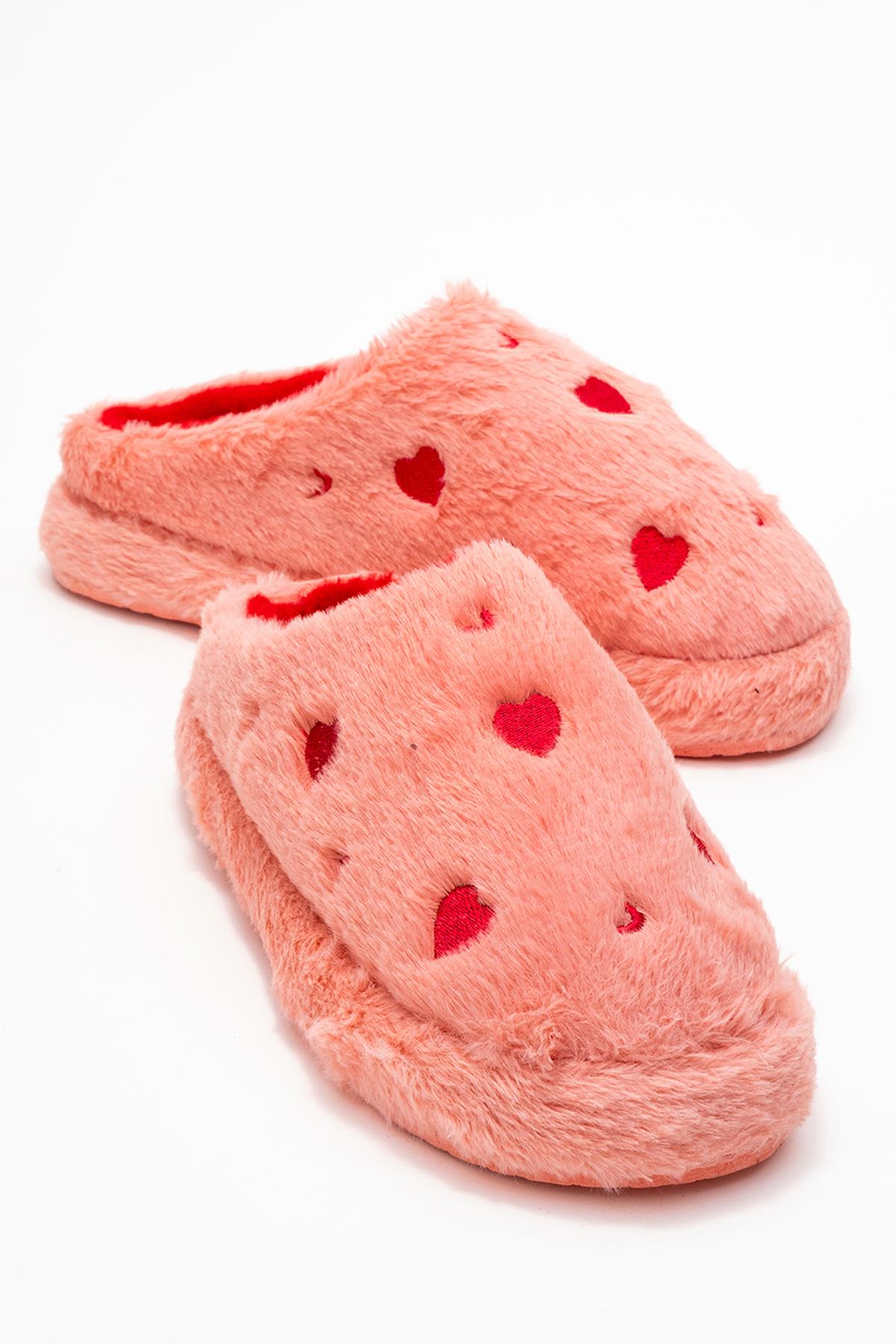 Kadın Arkası Açık Kalpli Tüylü Ev Terliği; PEMBE - Görsel 2