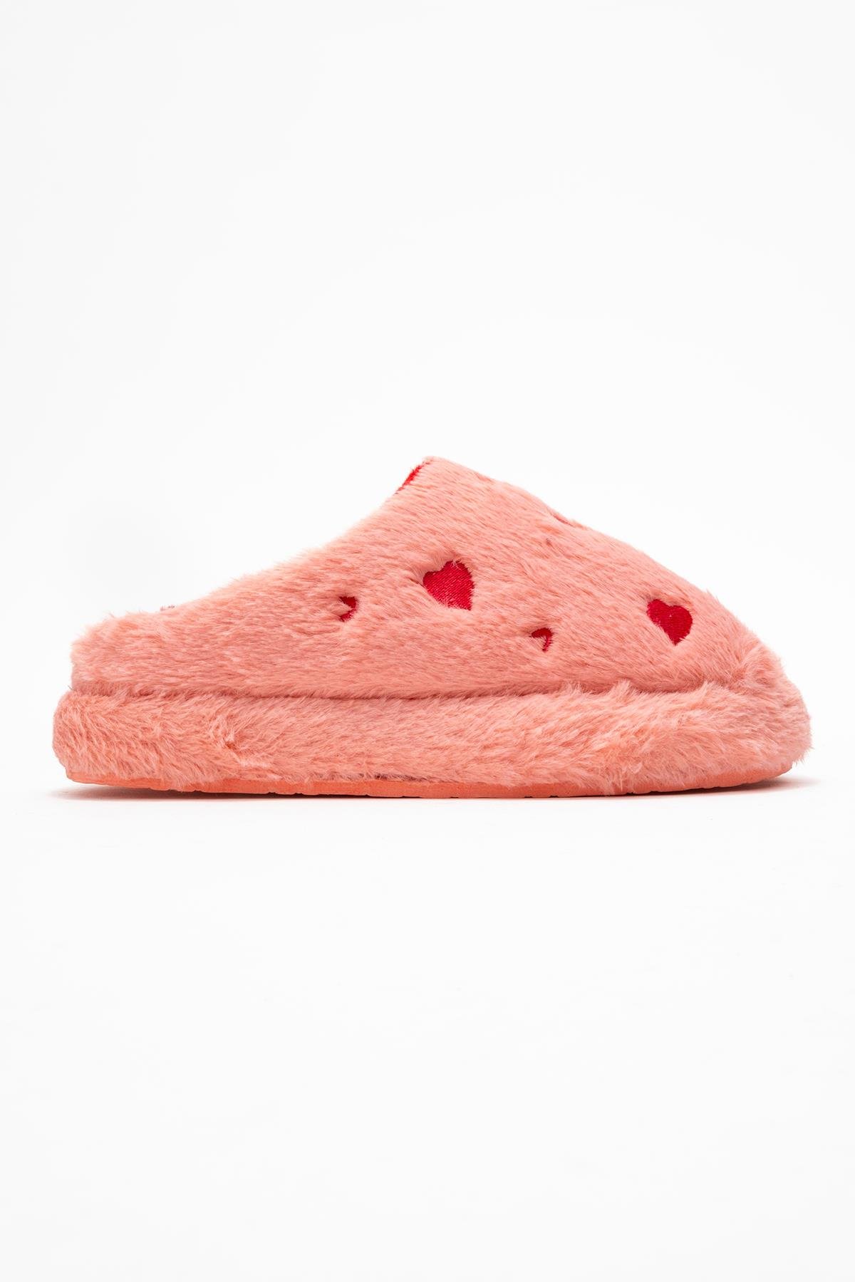 Kadın Arkası Açık Kalpli Tüylü Ev Terliği; PEMBE - Görsel 3