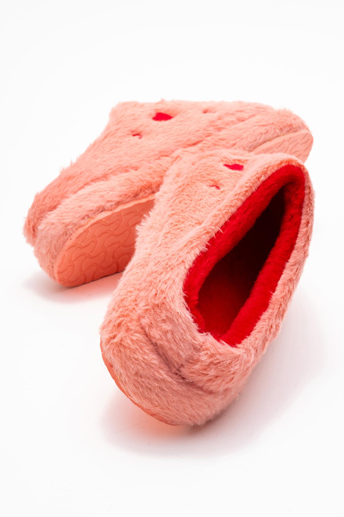 Kadın Arkası Açık Kalpli Tüylü Ev Terliği; PEMBE - Görsel 5