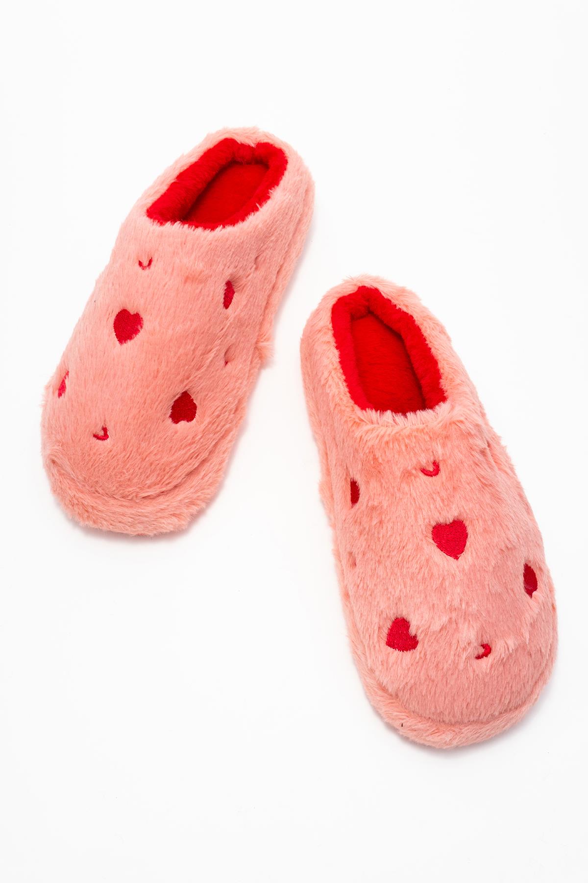 Kadın Arkası Açık Kalpli Tüylü Ev Terliği; PEMBE - Görsel 6