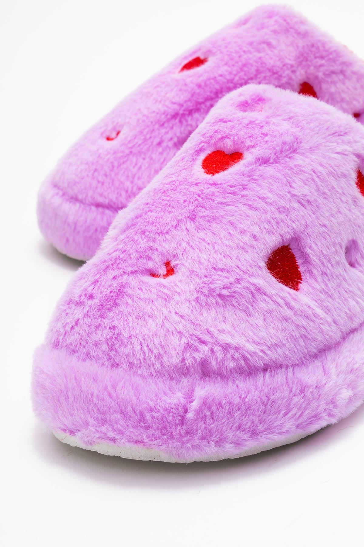 Kadın Arkası Açık Kalpli Tüylü Ev Terliği; MOR - Görsel 4