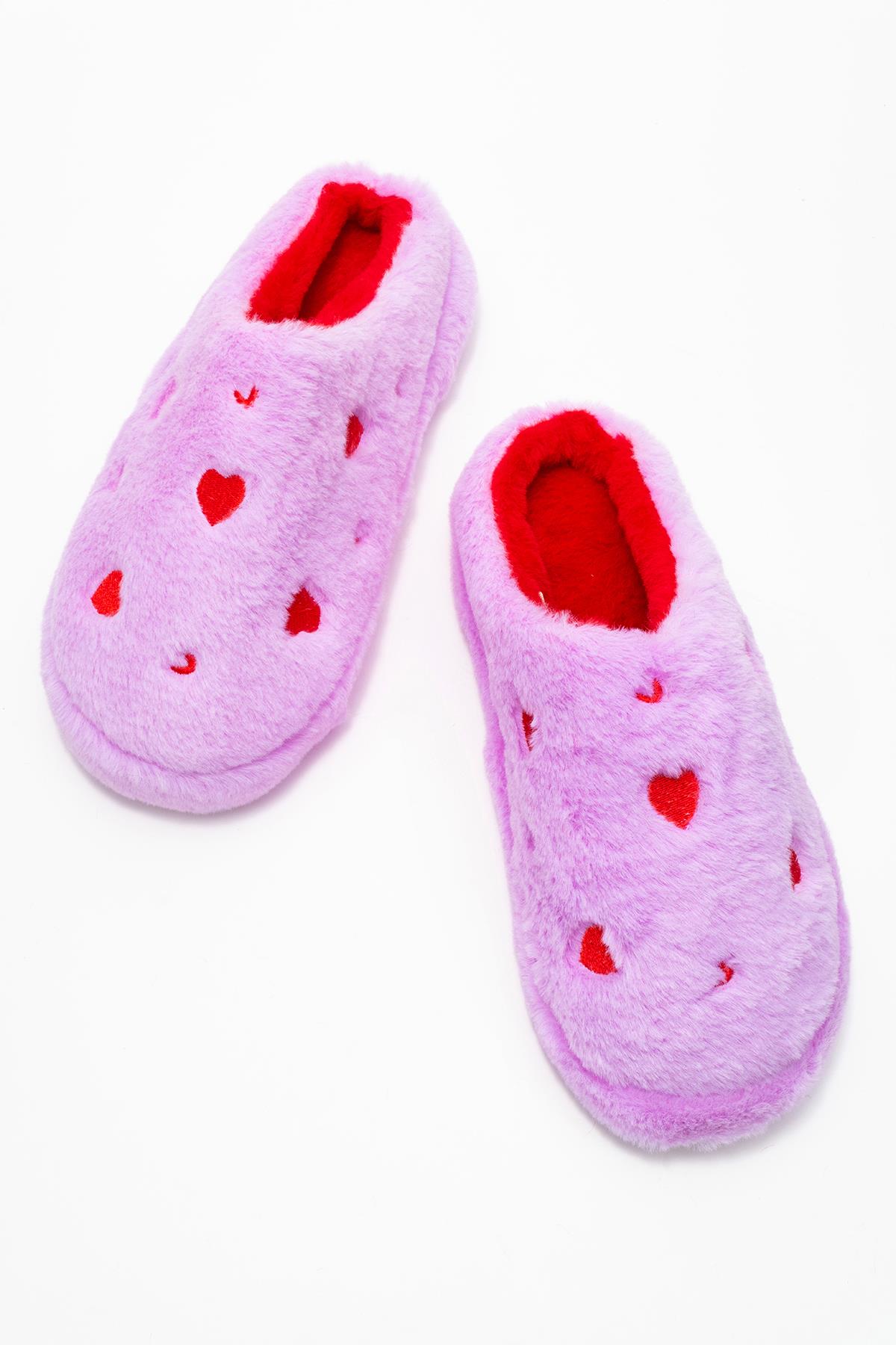 Kadın Arkası Açık Kalpli Tüylü Ev Terliği; MOR - Görsel 6