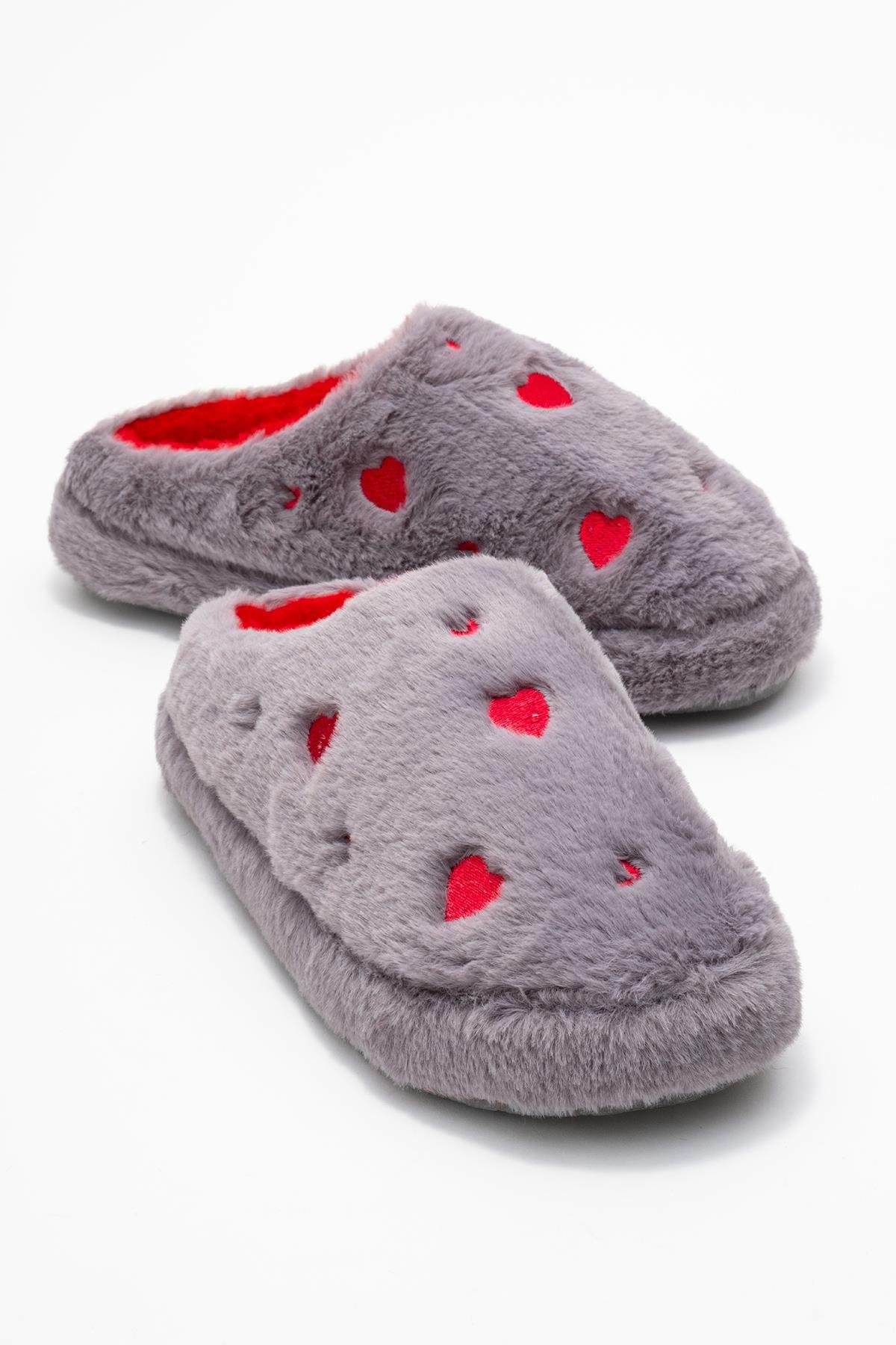 Kadın Arkası Açık Kalpli Tüylü Ev Terliği; GRİ - Görsel 2