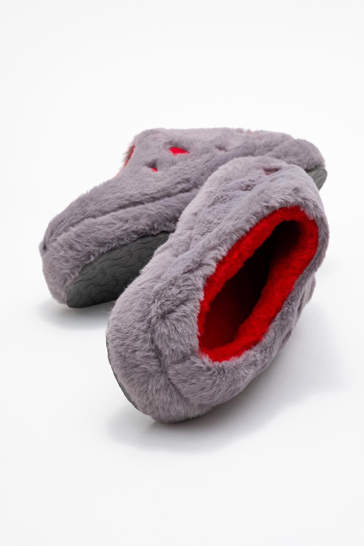 Kadın Arkası Açık Kalpli Tüylü Ev Terliği; GRİ - Görsel 5