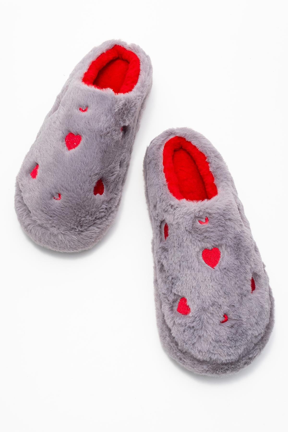 Kadın Arkası Açık Kalpli Tüylü Ev Terliği; GRİ - Görsel 6