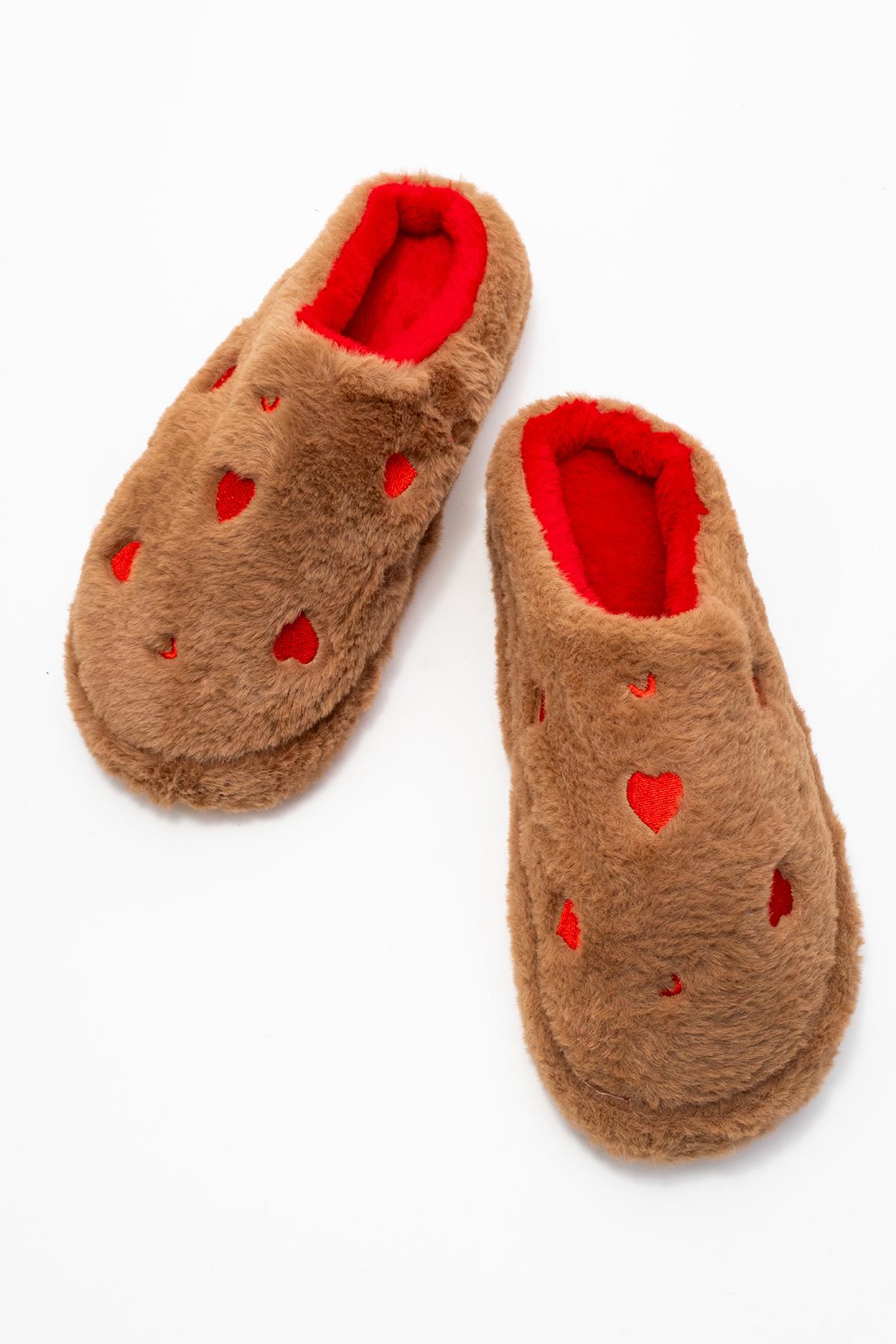 Kadın Arkası Açık Kalpli Tüylü Ev Terliği; VİZON - Görsel 6