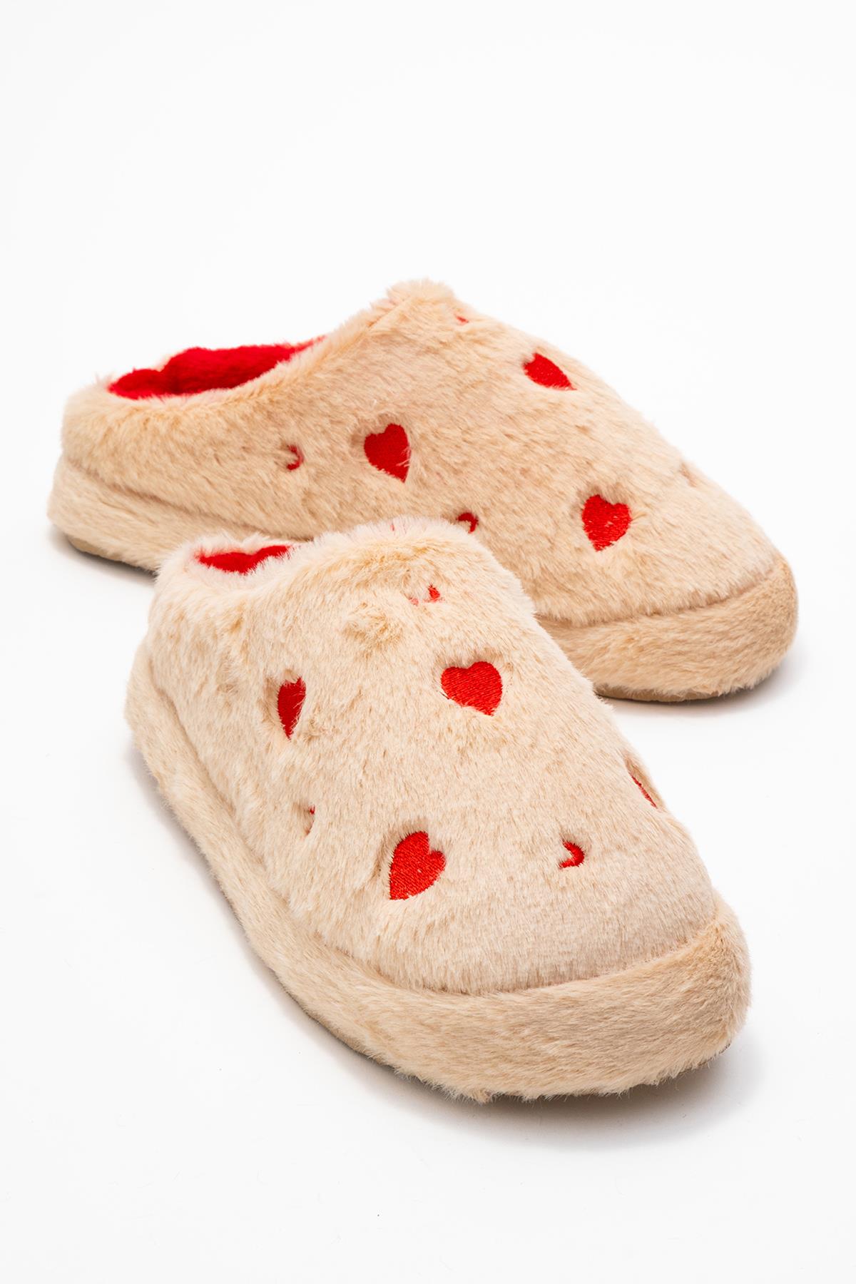 Kadın Arkası Açık Kalpli Tüylü Ev Terliği; KREM - Görsel 2