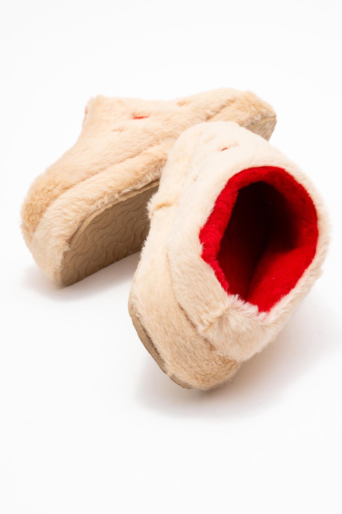 Kadın Arkası Açık Kalpli Tüylü Ev Terliği; KREM - Görsel 5