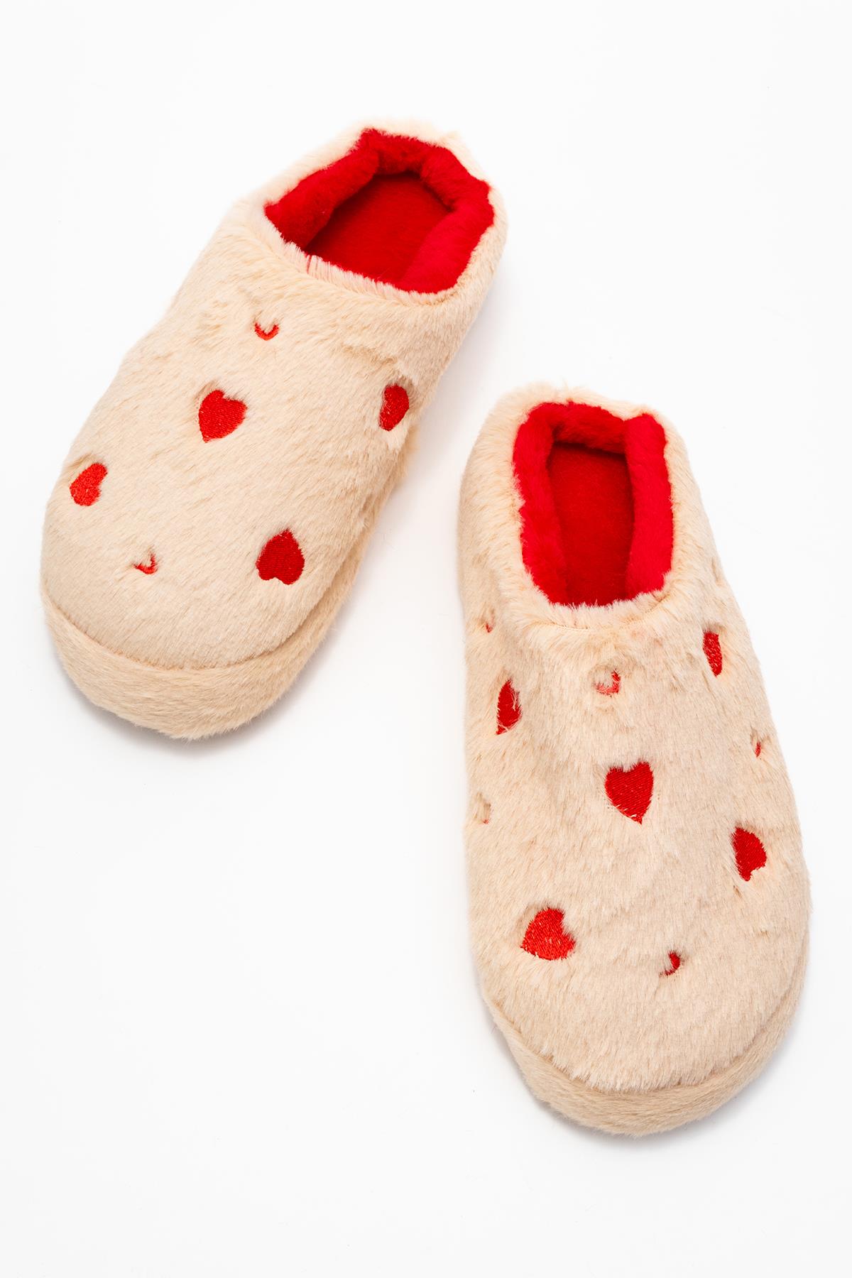 Kadın Arkası Açık Kalpli Tüylü Ev Terliği; KREM - Görsel 6