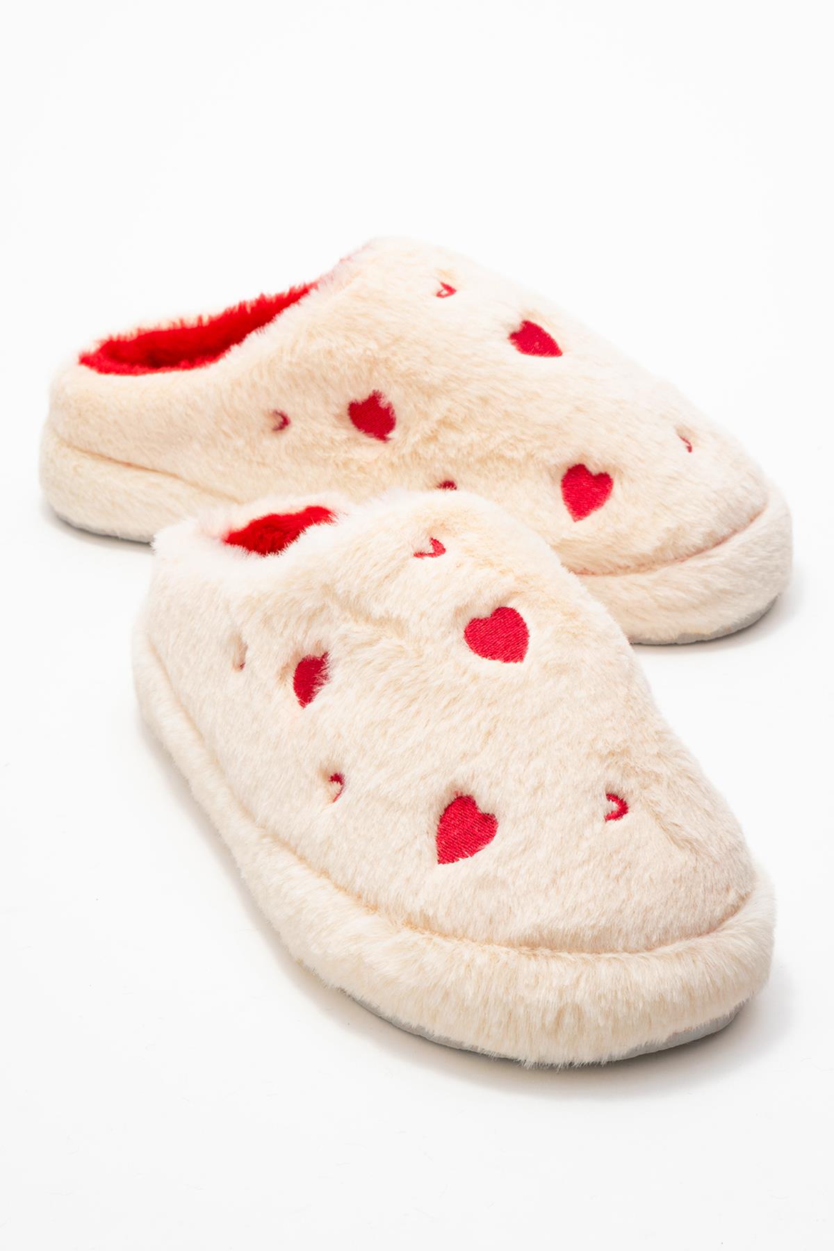 Kadın Arkası Açık Kalpli Tüylü Ev Terliği; EKRU - Görsel 2