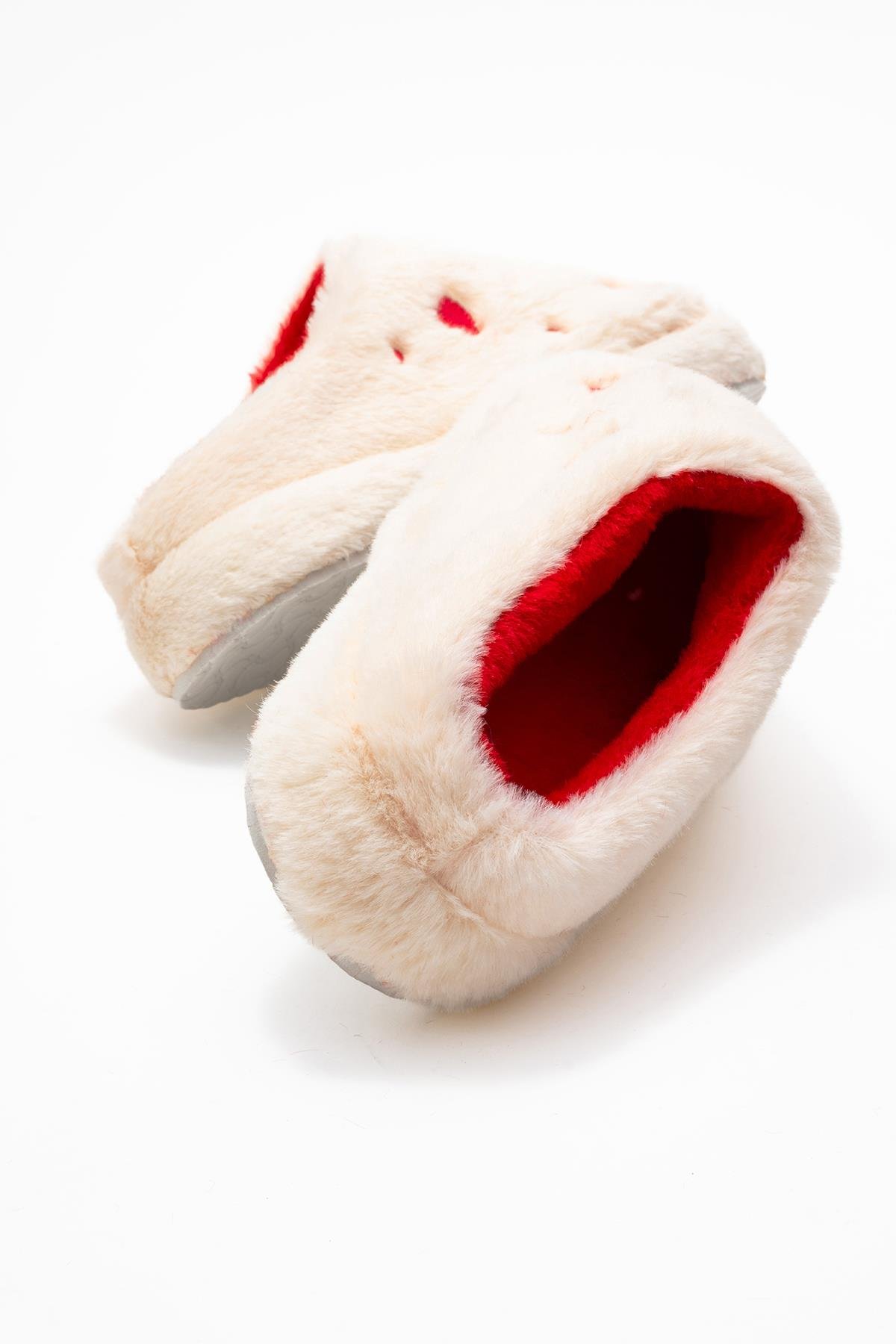 Kadın Arkası Açık Kalpli Tüylü Ev Terliği; EKRU - Görsel 5