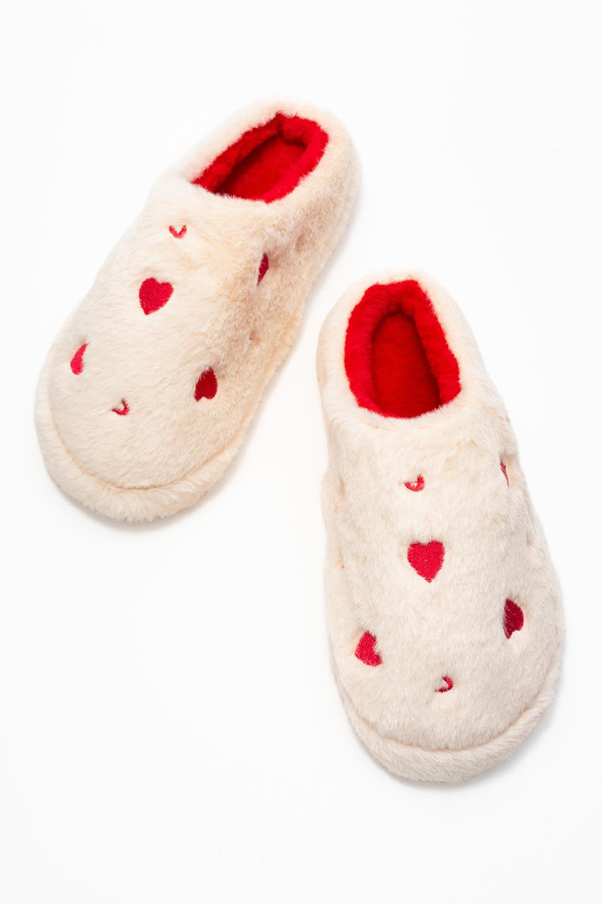 Kadın Arkası Açık Kalpli Tüylü Ev Terliği; EKRU - Görsel 6