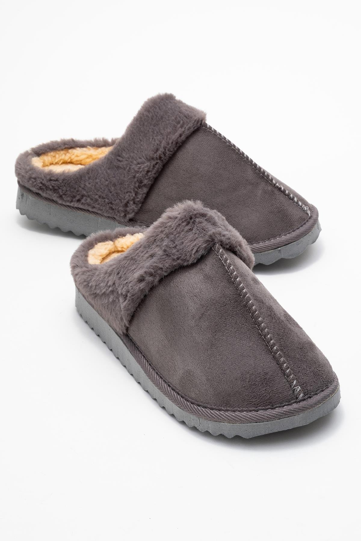 Kadın Arkası Açık Tüylü Ev Terliği; GRİ - Görsel 2