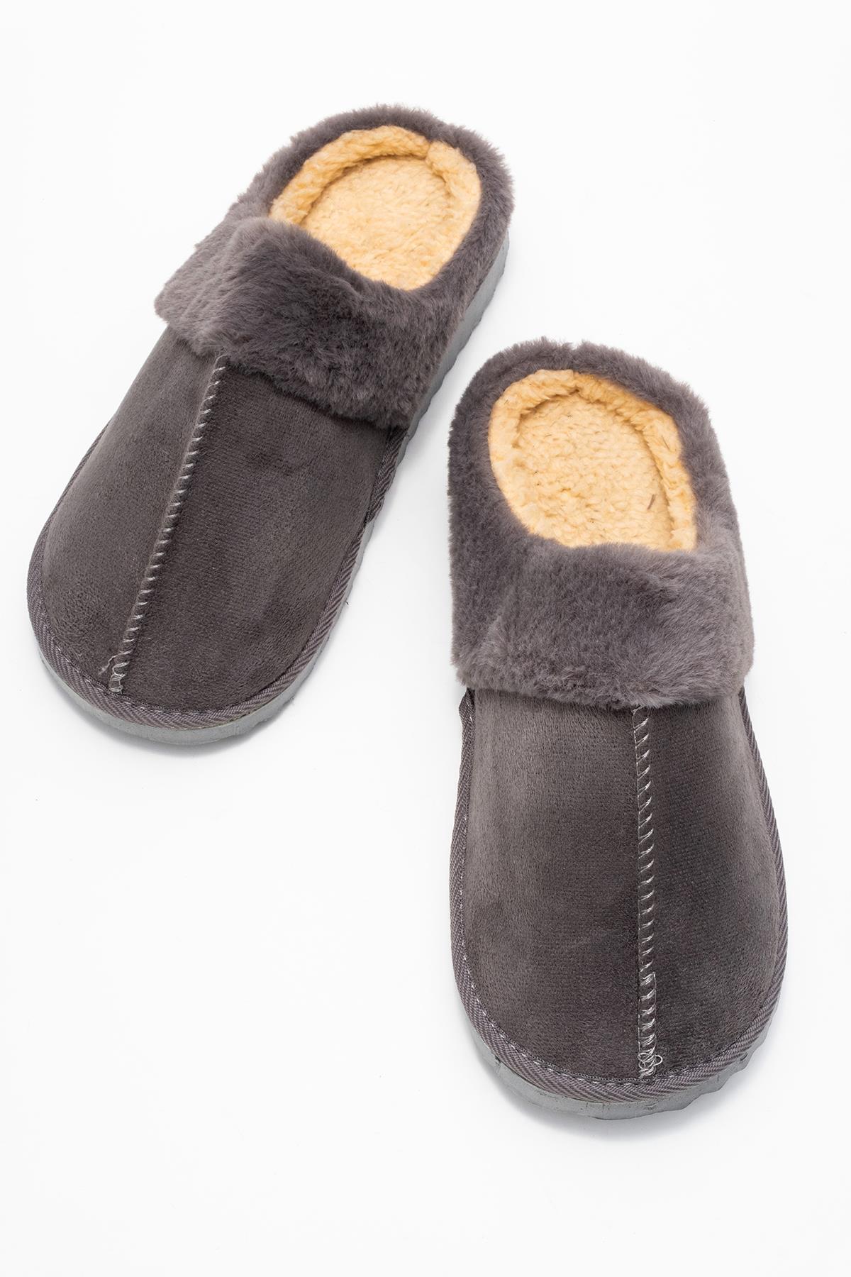 Kadın Arkası Açık Tüylü Ev Terliği; GRİ - Görsel 6