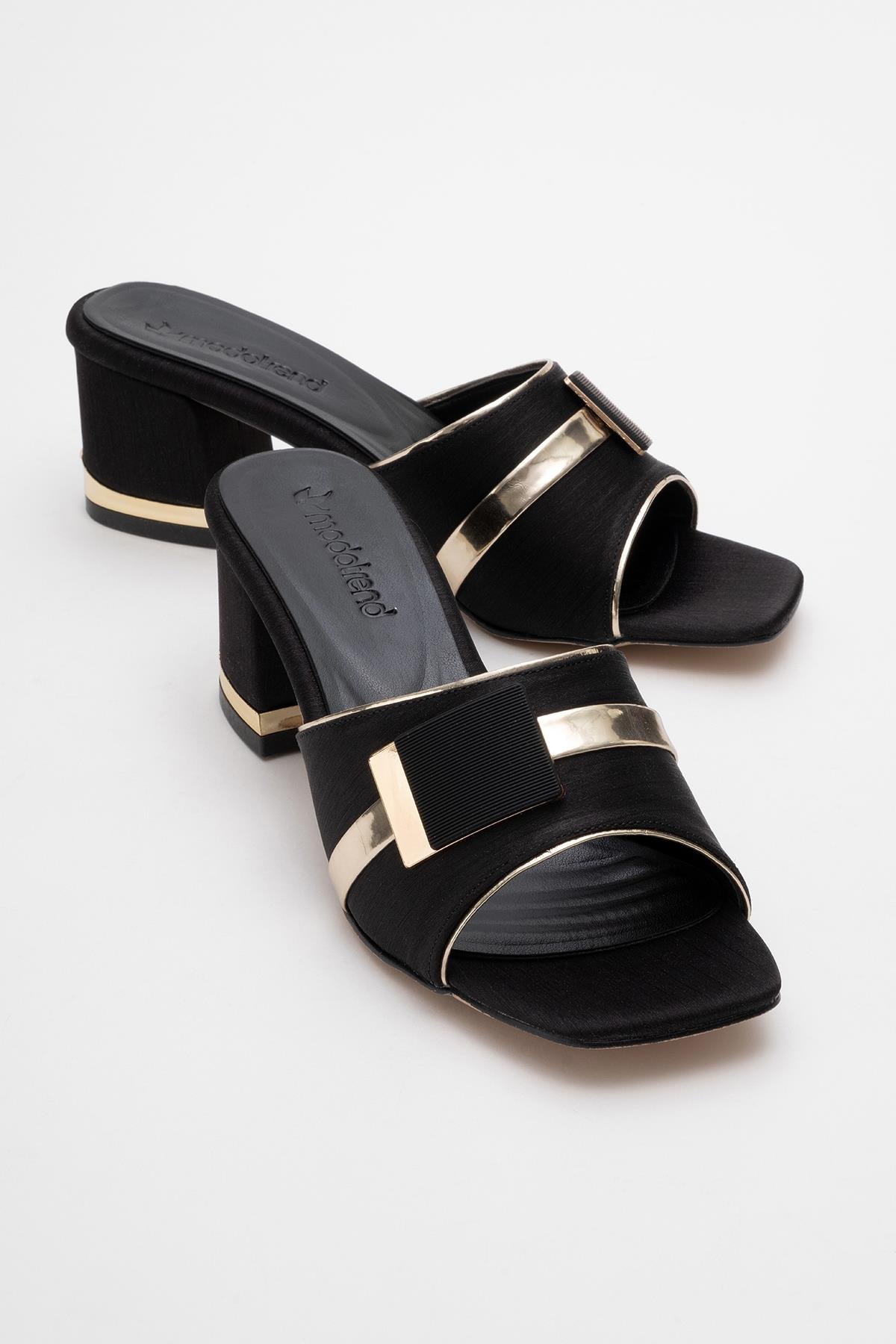 Kare Tokalı Kadın Topuklu Terlik SİYAH ÇİZGİLİ SATEN - Görsel 2