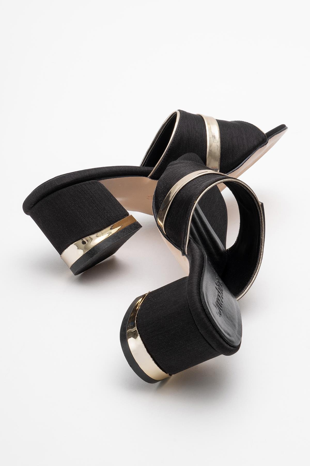 Kare Tokalı Kadın Topuklu Terlik SİYAH ÇİZGİLİ SATEN - Görsel 5