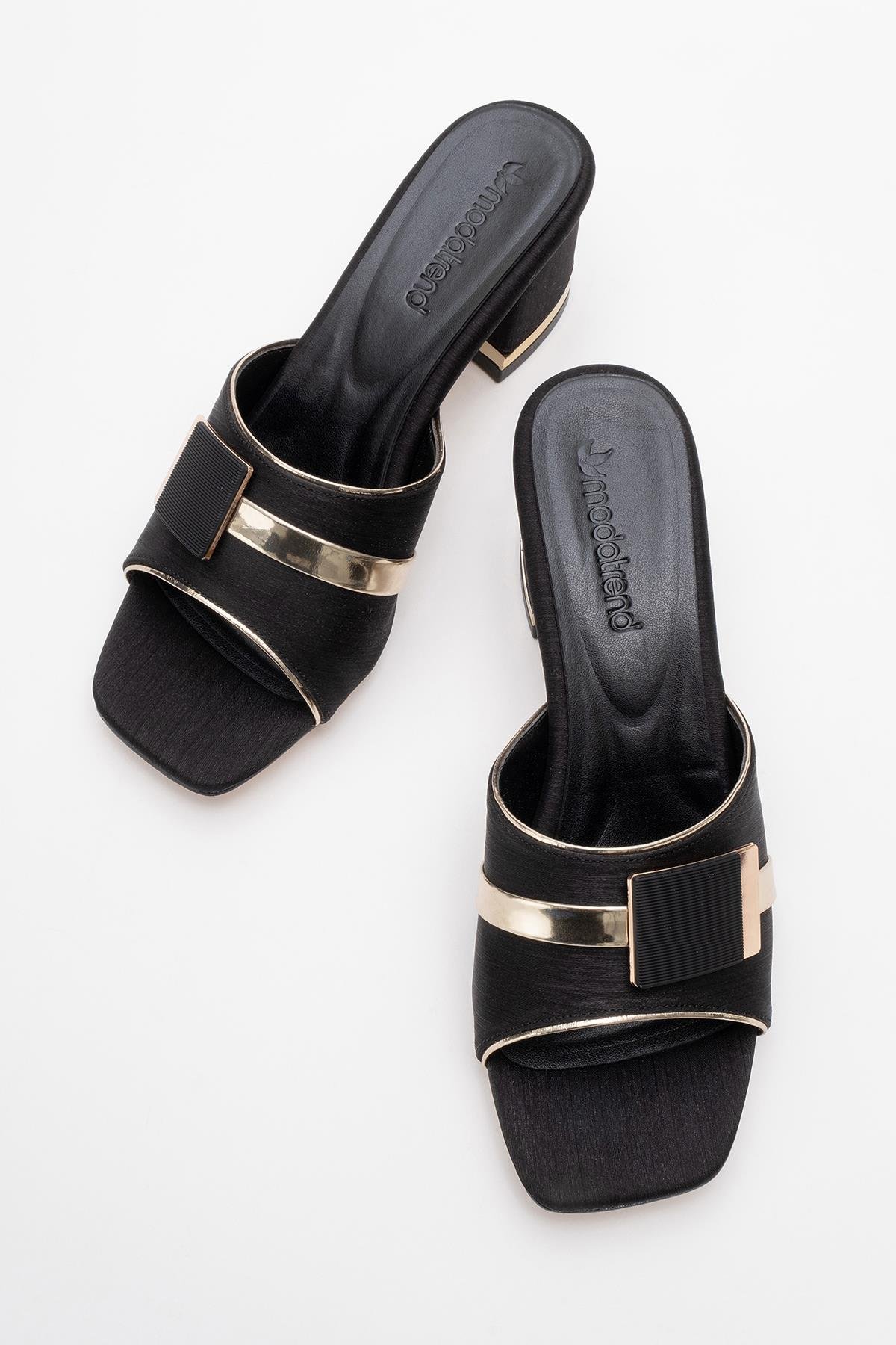 Kare Tokalı Kadın Topuklu Terlik SİYAH ÇİZGİLİ SATEN - Görsel 6