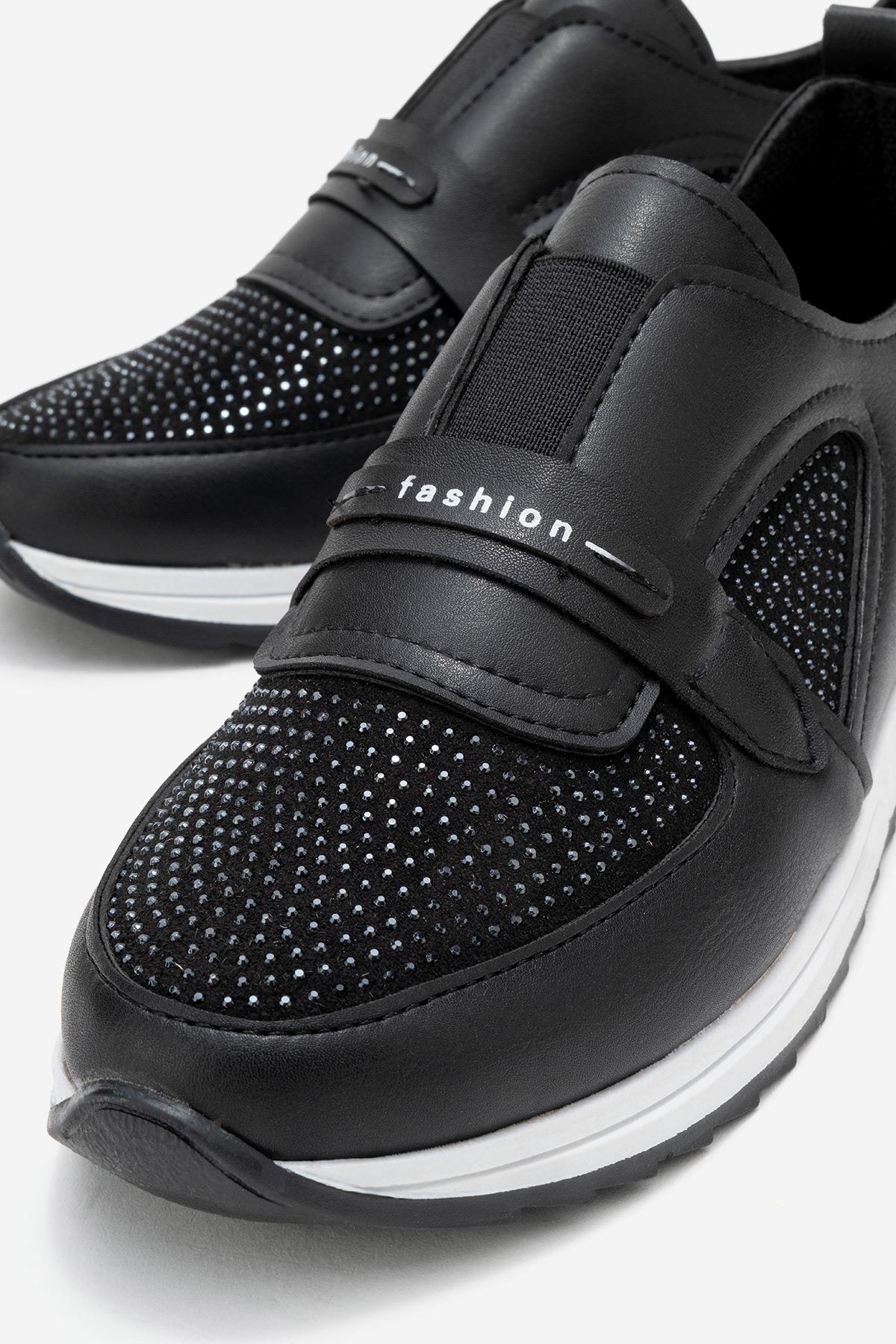 Taşlı Lastikli Kadın Günlük Ayakkabı SİYAH BEYAZ - Görsel 4