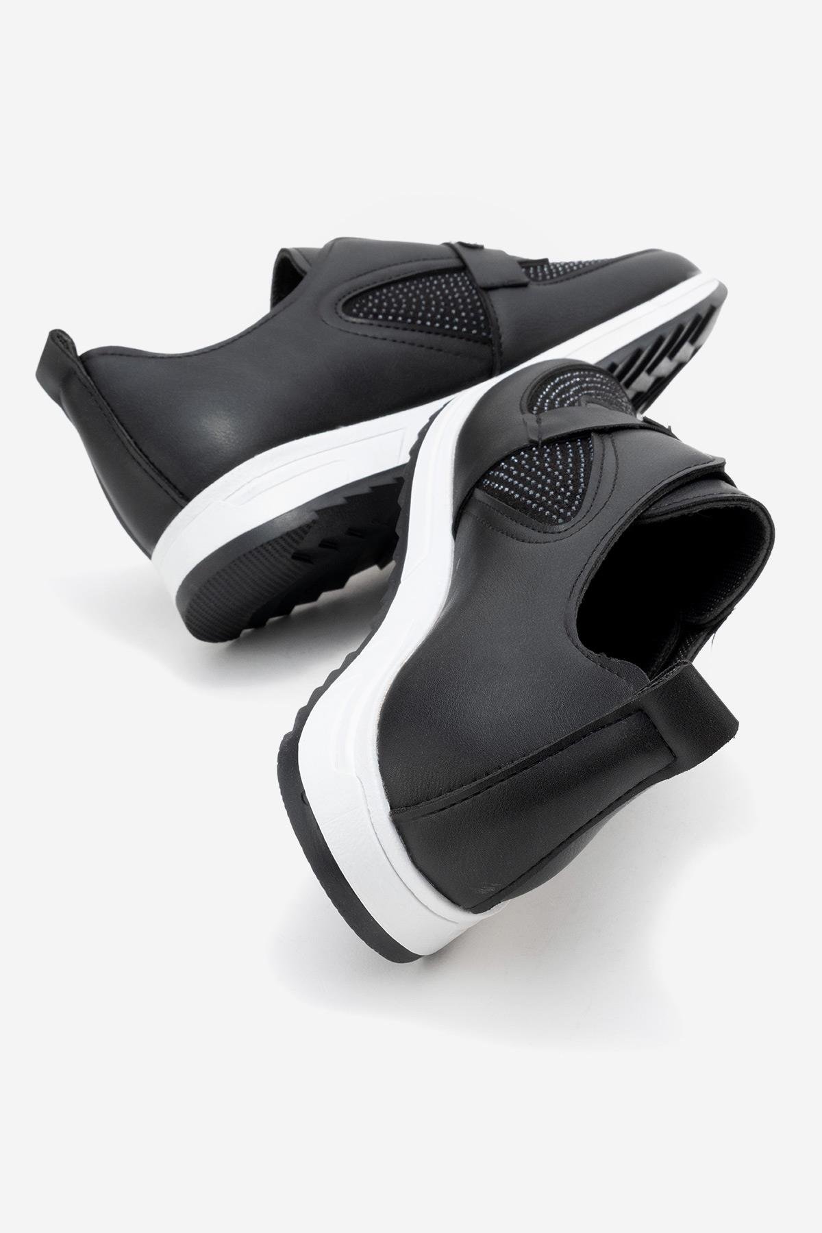 Taşlı Lastikli Kadın Günlük Ayakkabı SİYAH BEYAZ - Görsel 5