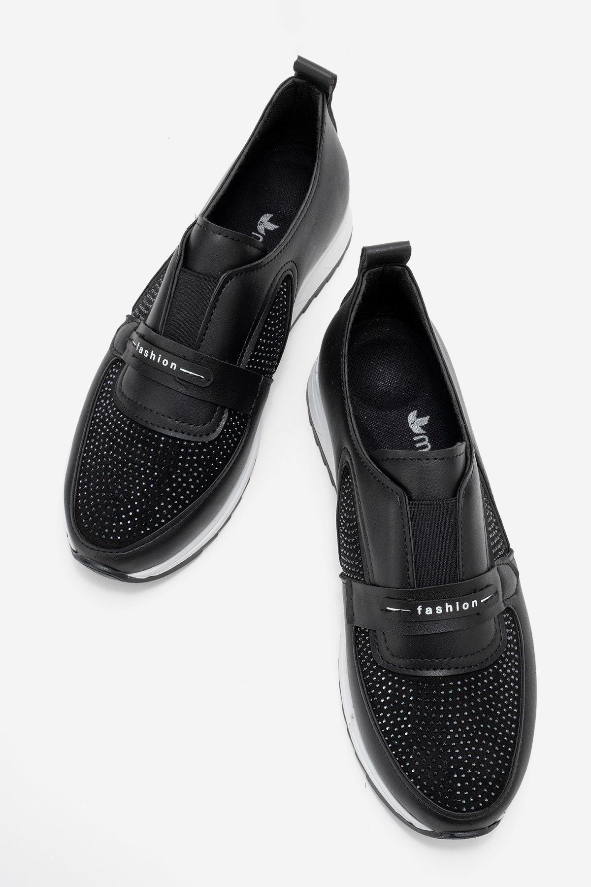 Taşlı Lastikli Kadın Günlük Ayakkabı SİYAH BEYAZ - Görsel 6