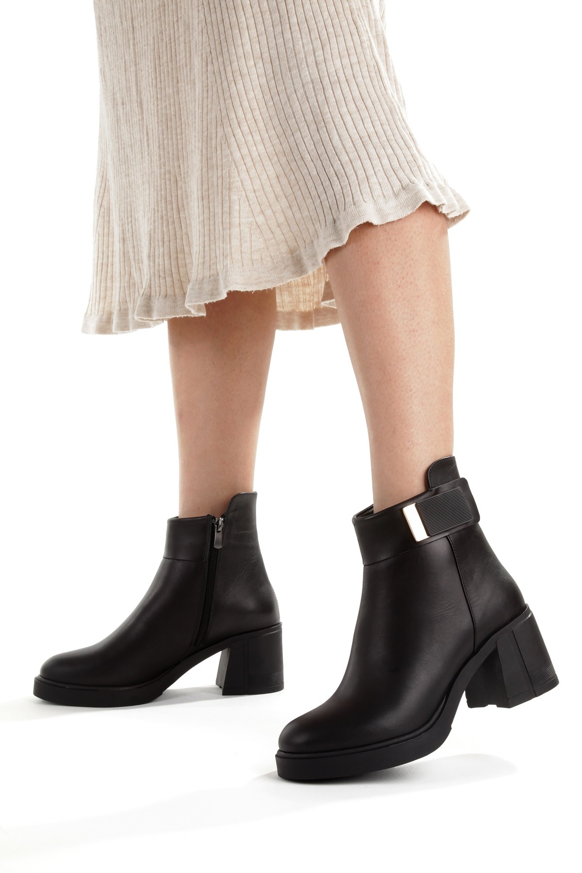 Siyah Hakiki Deri Kalın Topuklu Günlük Kadın Bot Sun44 - Görsel 5