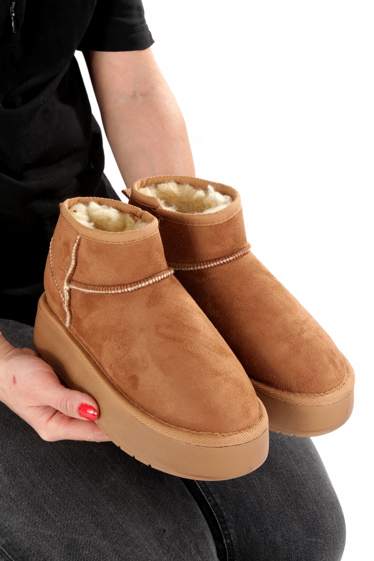Taba Süet Kalın Taban İçi Yünlü Kürklü Kadın Bot FON44 - Görsel 2