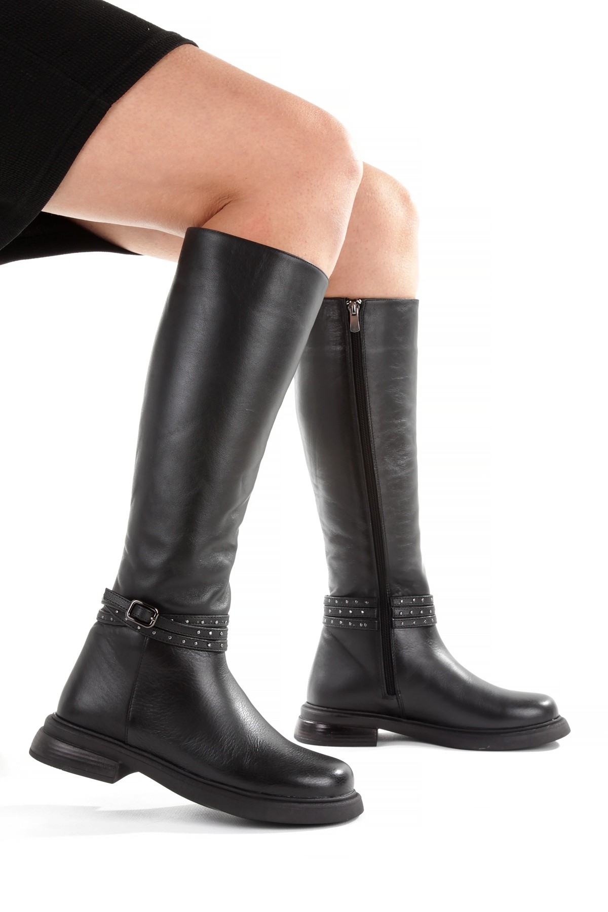 Siyah Hakiki Deri Topuksuz Günlük Kadın Çizme Vildo - Görsel 4