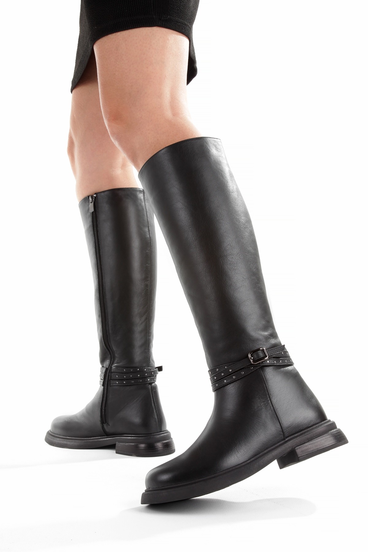 Siyah Hakiki Deri Topuksuz Günlük Kadın Çizme Vildo - Görsel 5