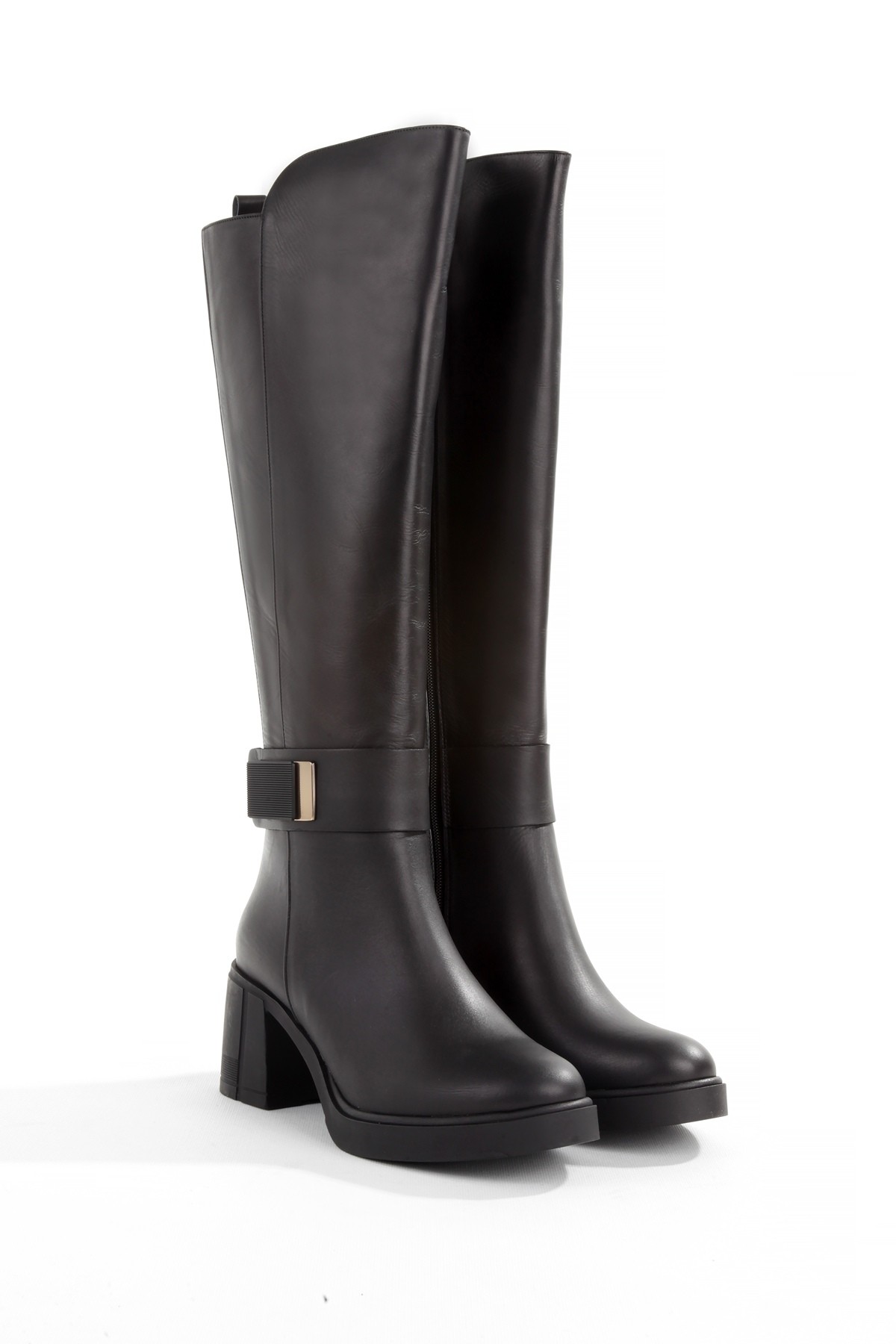 Siyah Hakiki Deri Lastikli Kalın Topuk Kadın Çizme Sun444 - Görsel 3