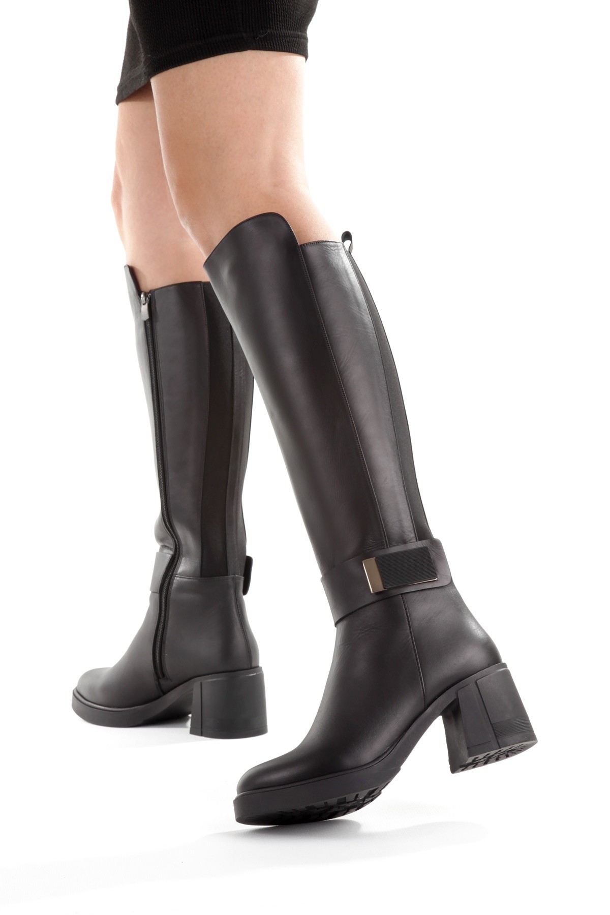 Siyah Hakiki Deri Lastikli Kalın Topuk Kadın Çizme Sun444 - Görsel 5