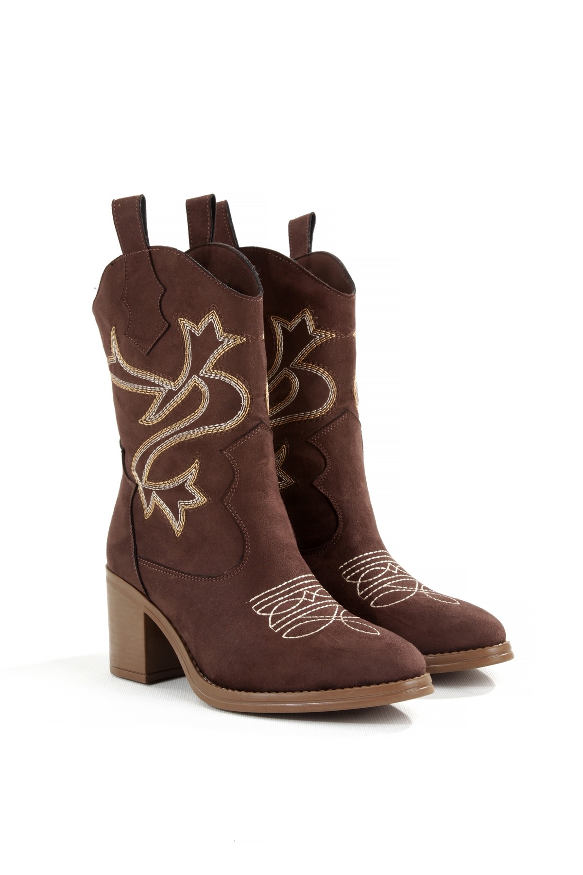 Acı Kahve Rengi Süet Nakışlı Western Kovboy Kadın Bot Bazal - Görsel 3