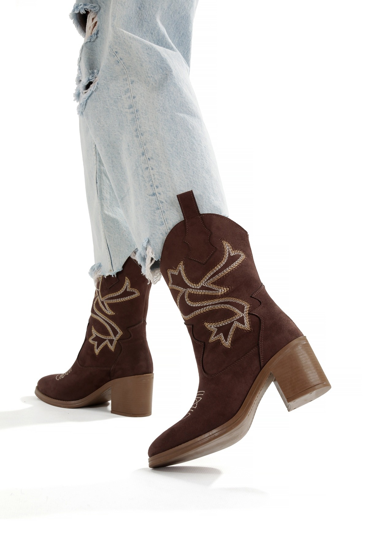 Acı Kahve Rengi Süet Nakışlı Western Kovboy Kadın Bot Bazal - Görsel 4