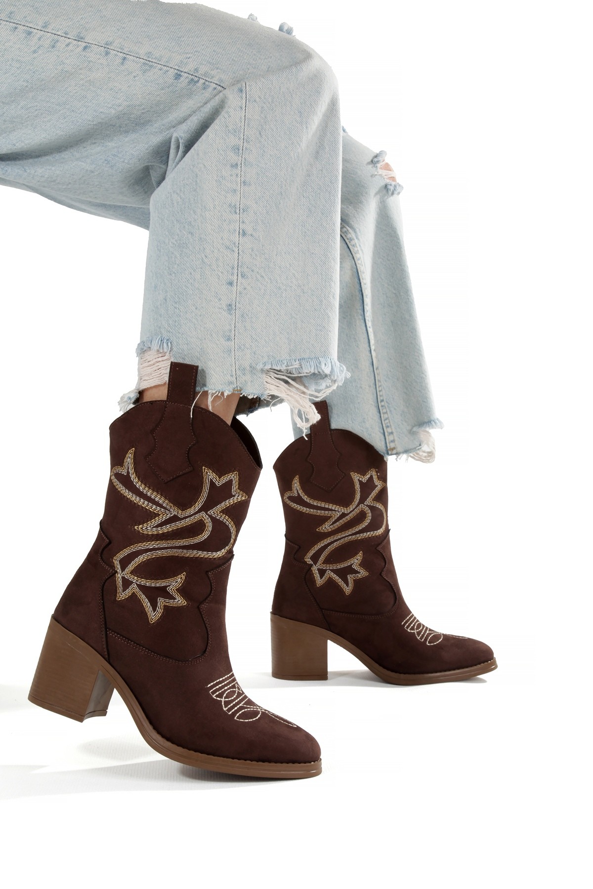 Acı Kahve Rengi Süet Nakışlı Western Kovboy Kadın Bot Bazal - Görsel 5