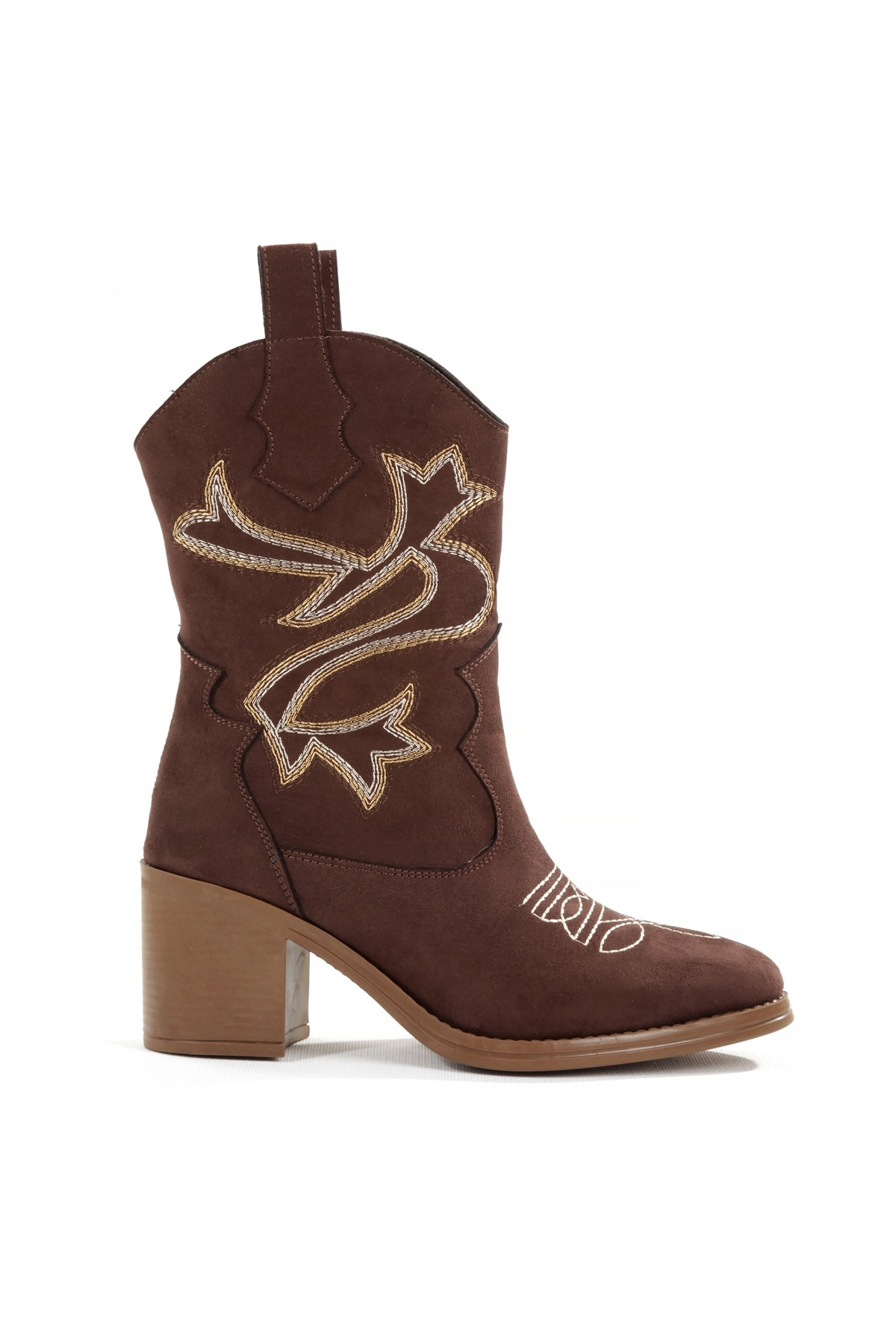 Acı Kahve Rengi Süet Nakışlı Western Kovboy Kadın Bot Bazal - Görsel 6