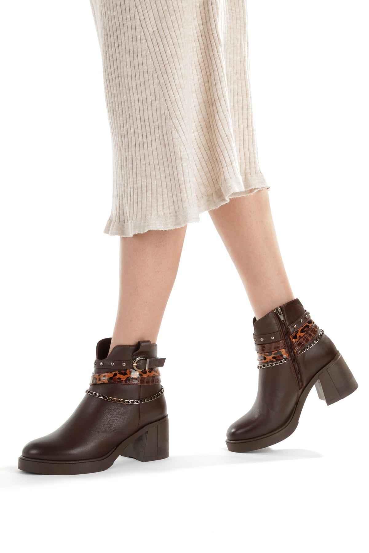 Acı Kahve Rengi Hakiki Deri Kalın Topuklu Günlük Kadın Bot Uldef - Görsel 5