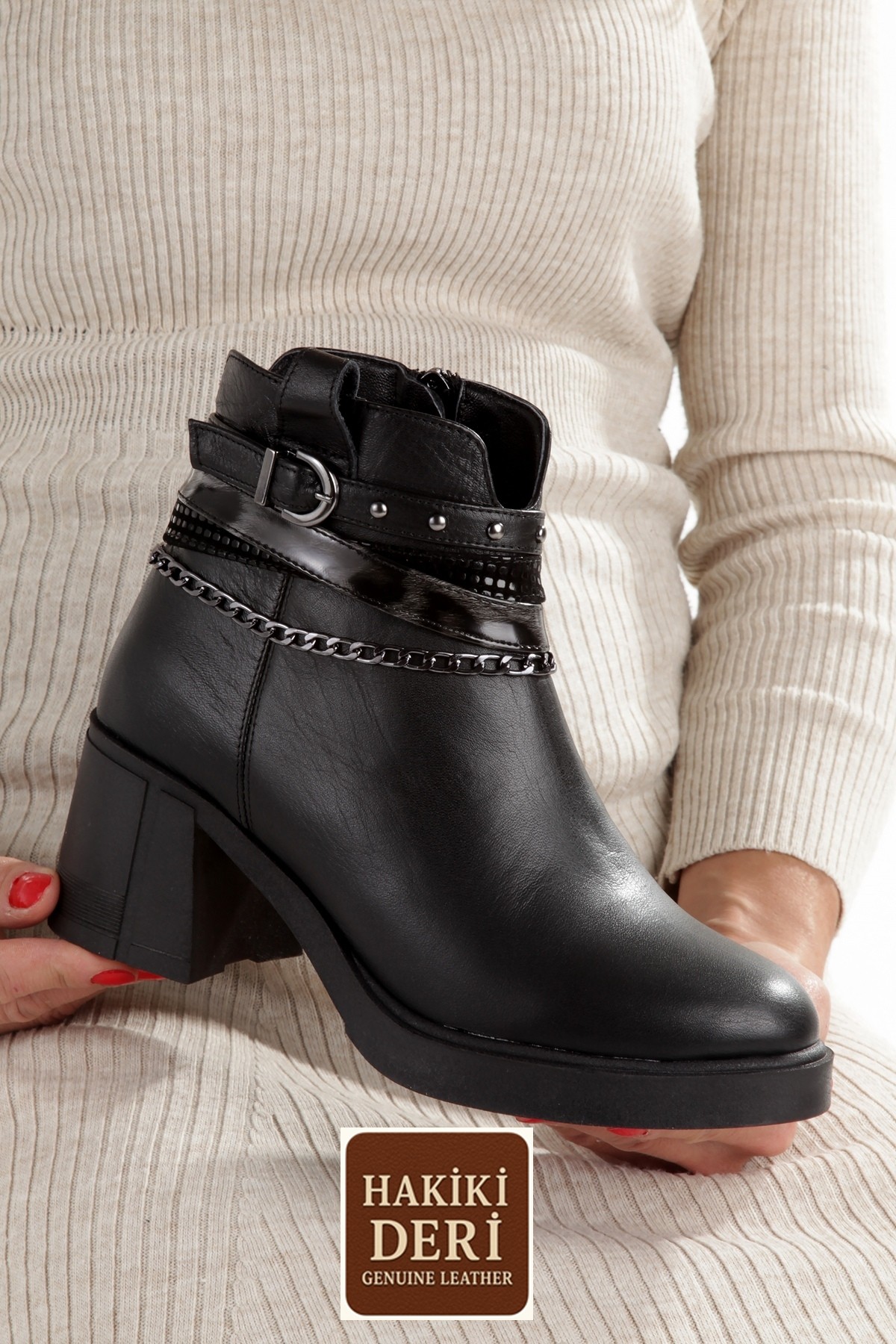 Siyah Hakiki Deri Kalın Topuklu Günlük Kadın Bot Uldef - Görsel 2