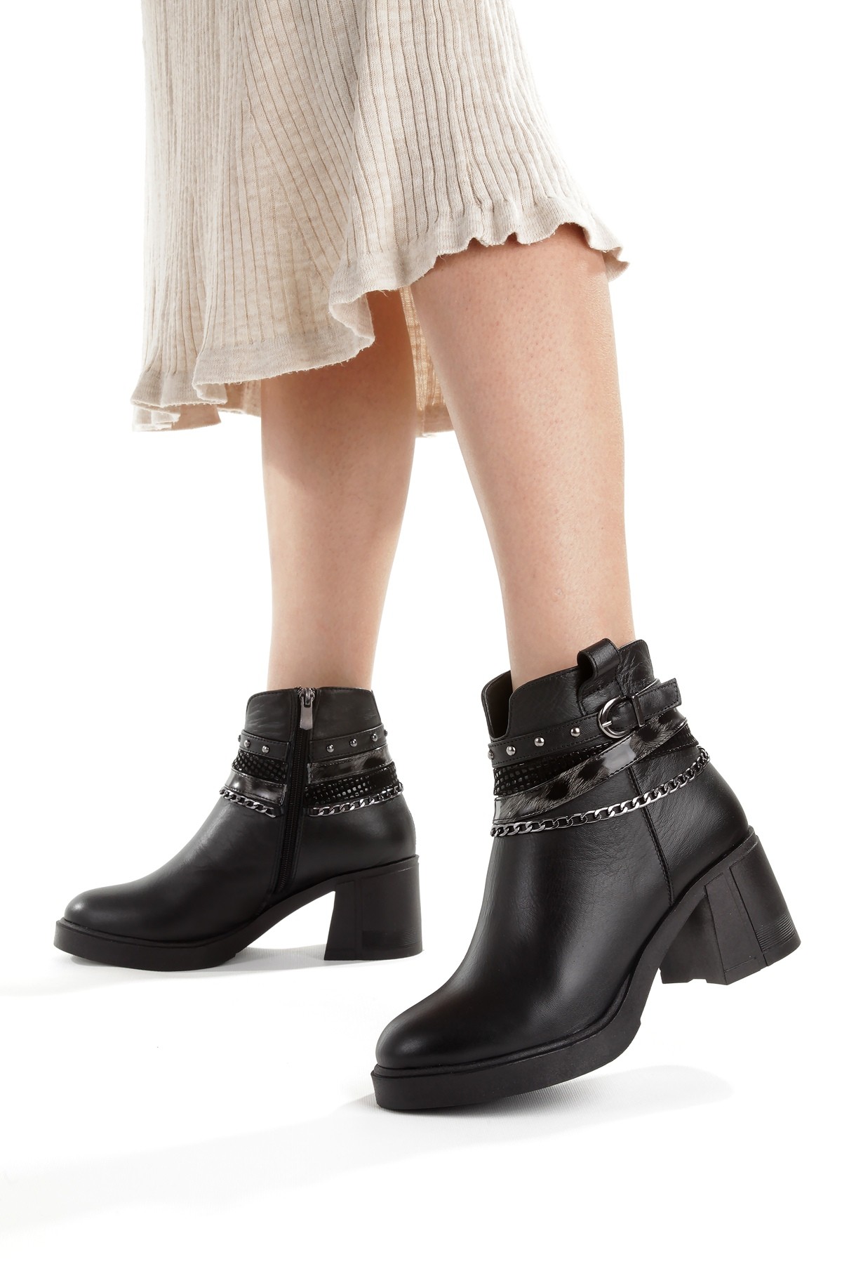 Siyah Hakiki Deri Kalın Topuklu Günlük Kadın Bot Uldef - Görsel 5