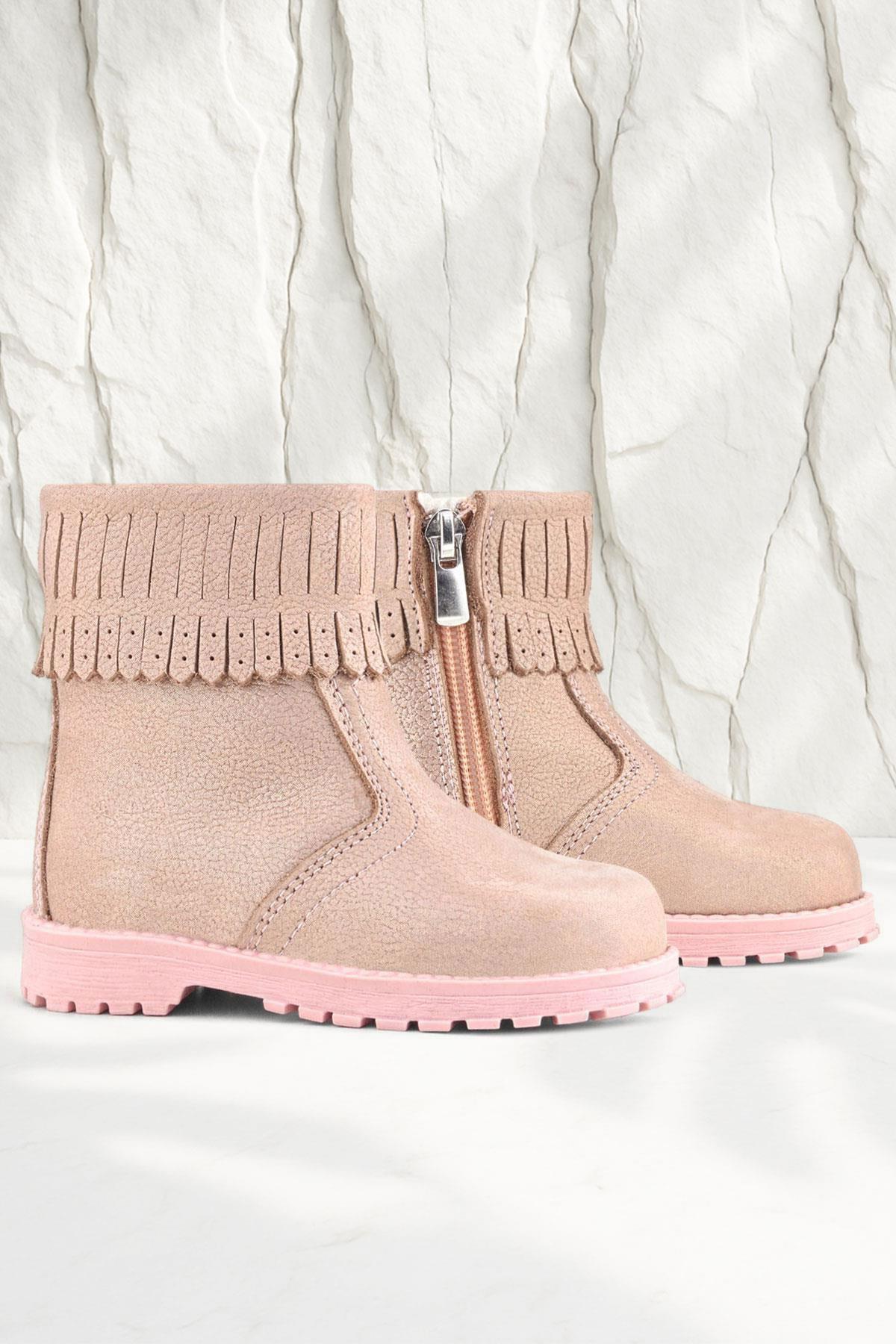 Chiron Hakiki Deri Pembe Simli Fermuarlı Kız Çocuk Bot Çizme - Görsel 2