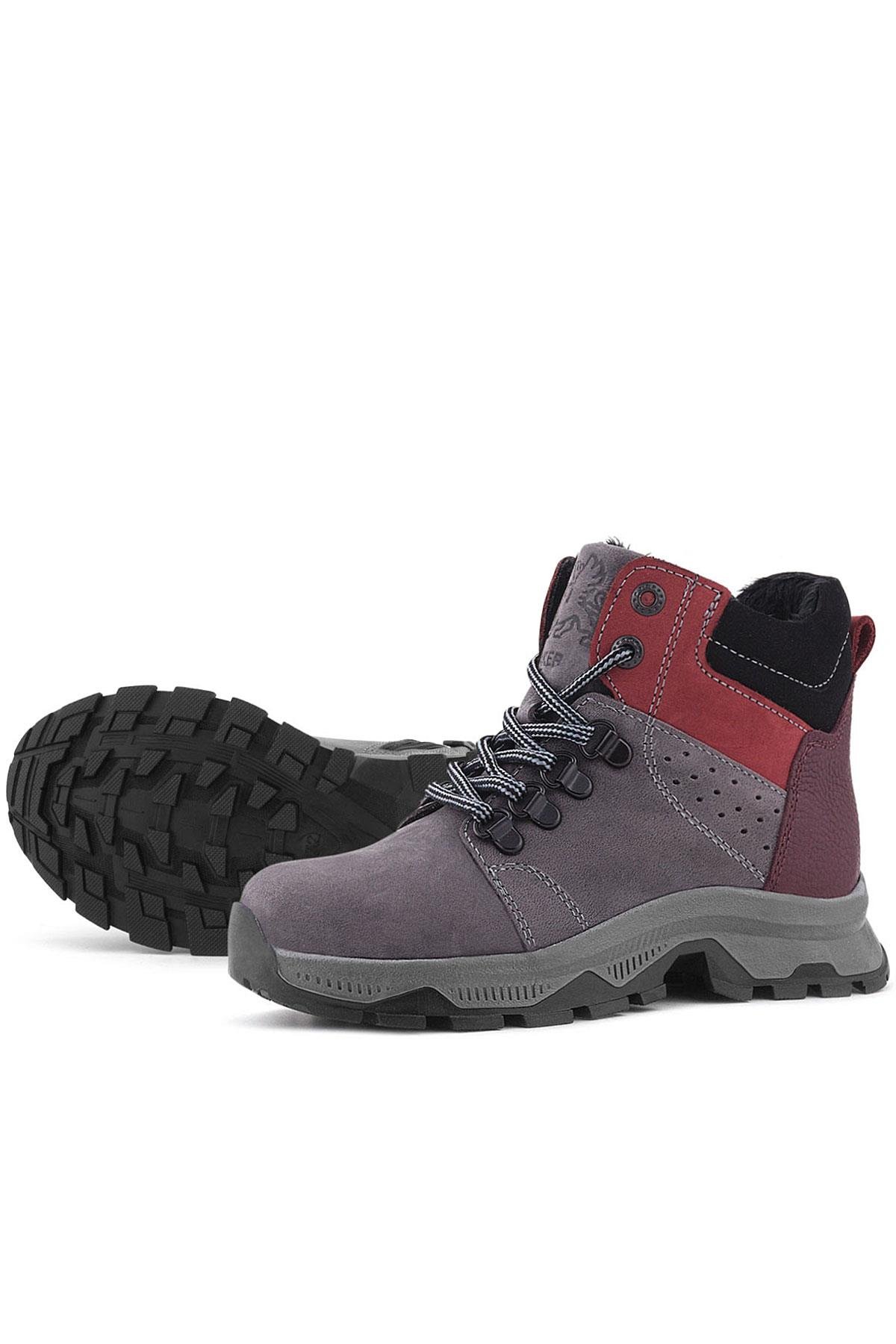 Hakiki Deri Gri Bordo Fermuarlı Trekking Çocuk Bot - Görsel 8