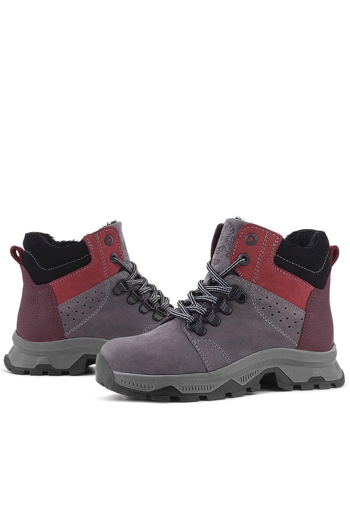 Hakiki Deri Gri Bordo Fermuarlı Trekking Çocuk Bot - Görsel 9