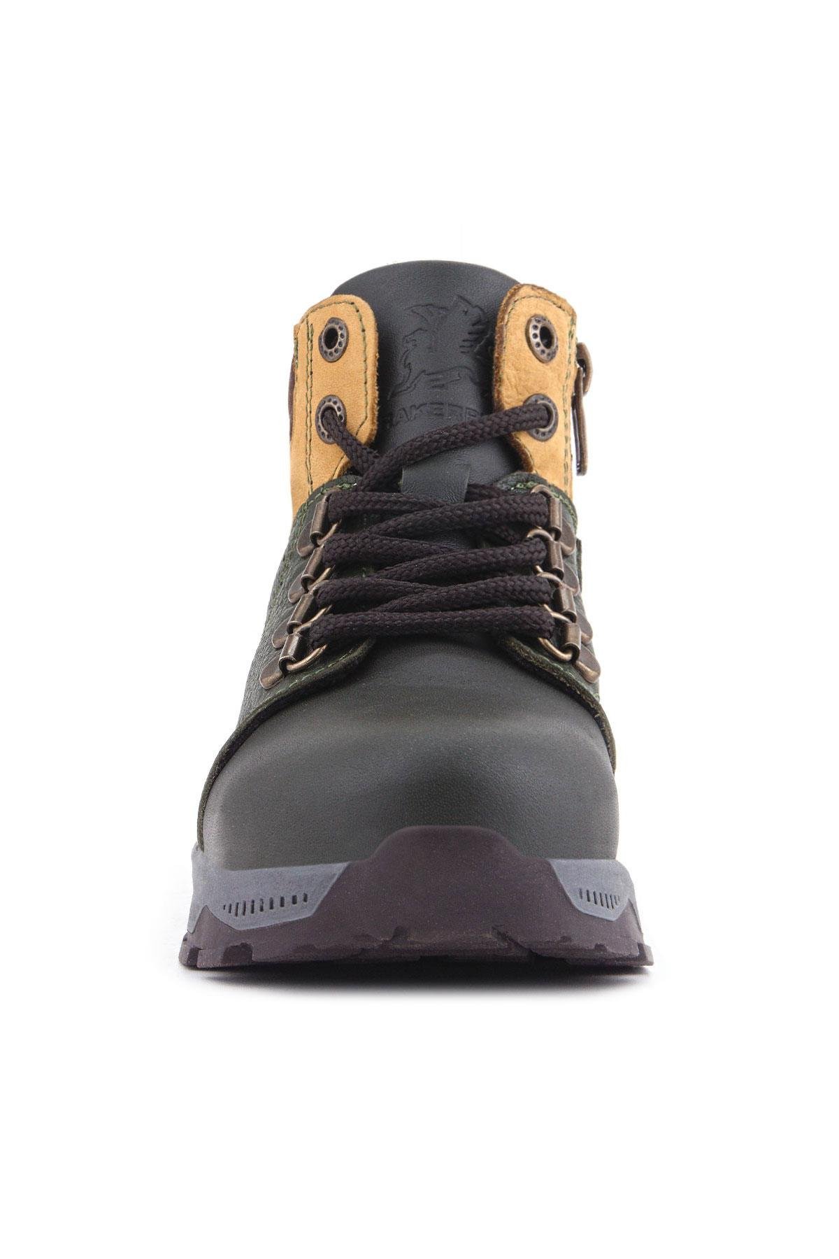 Hakiki Deri Haki Yeşil Sarı Fermuarlı Trekking Çocuk Bot - Görsel 4