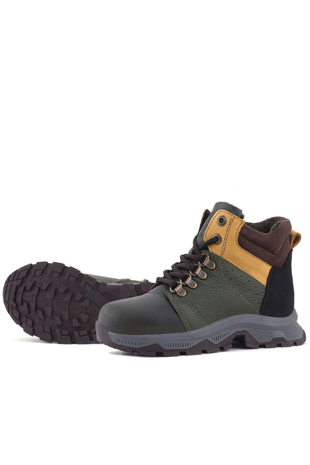 Hakiki Deri Haki Yeşil Sarı Fermuarlı Trekking Çocuk Bot - Görsel 7