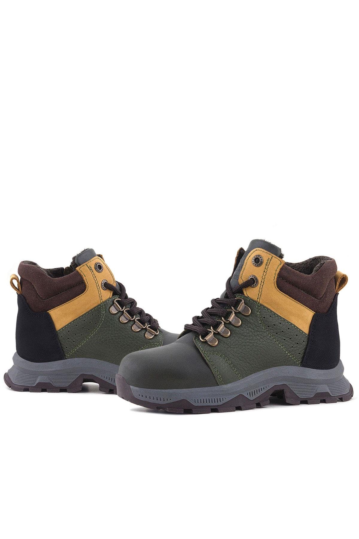 Hakiki Deri Haki Yeşil Sarı Fermuarlı Trekking Çocuk Bot - Görsel 8
