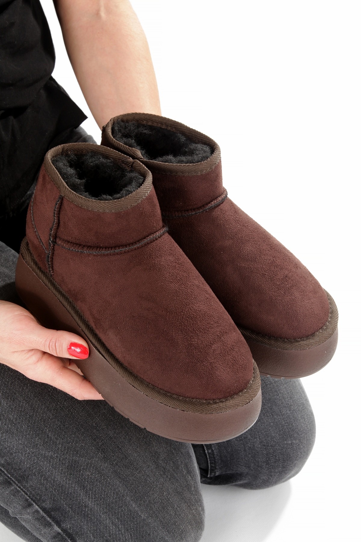 Kahve Süet Kalın Taban İçi Yünlü Kürklü Kadın Bot FON44 - Görsel 2