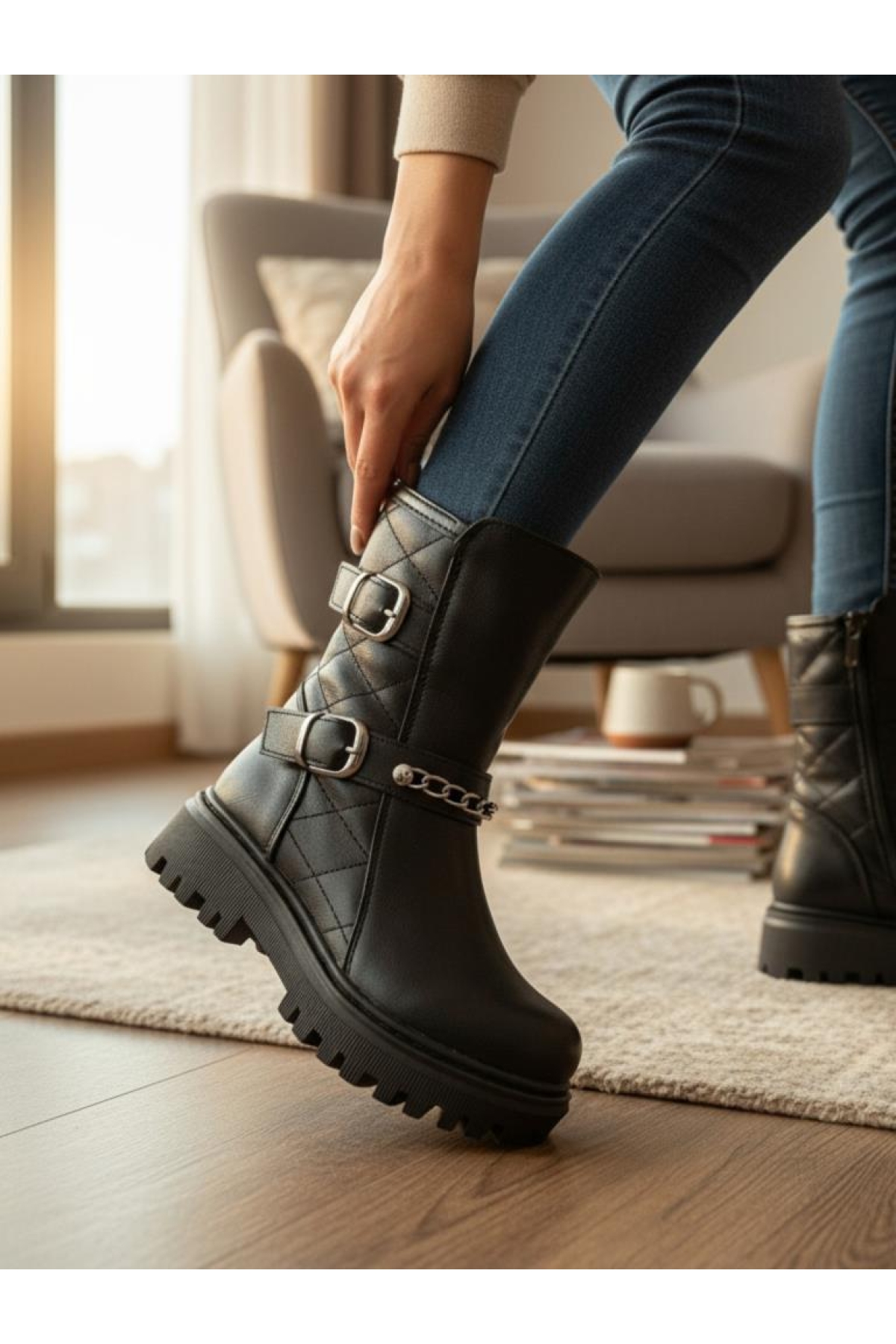 Kız Çocuk Zincir Tokalı Suya Ve Soğuk Havaya Dayanıklı Kaymaz Kalın Taban Kışlık Bot Bootie Çizme - Görsel 4
