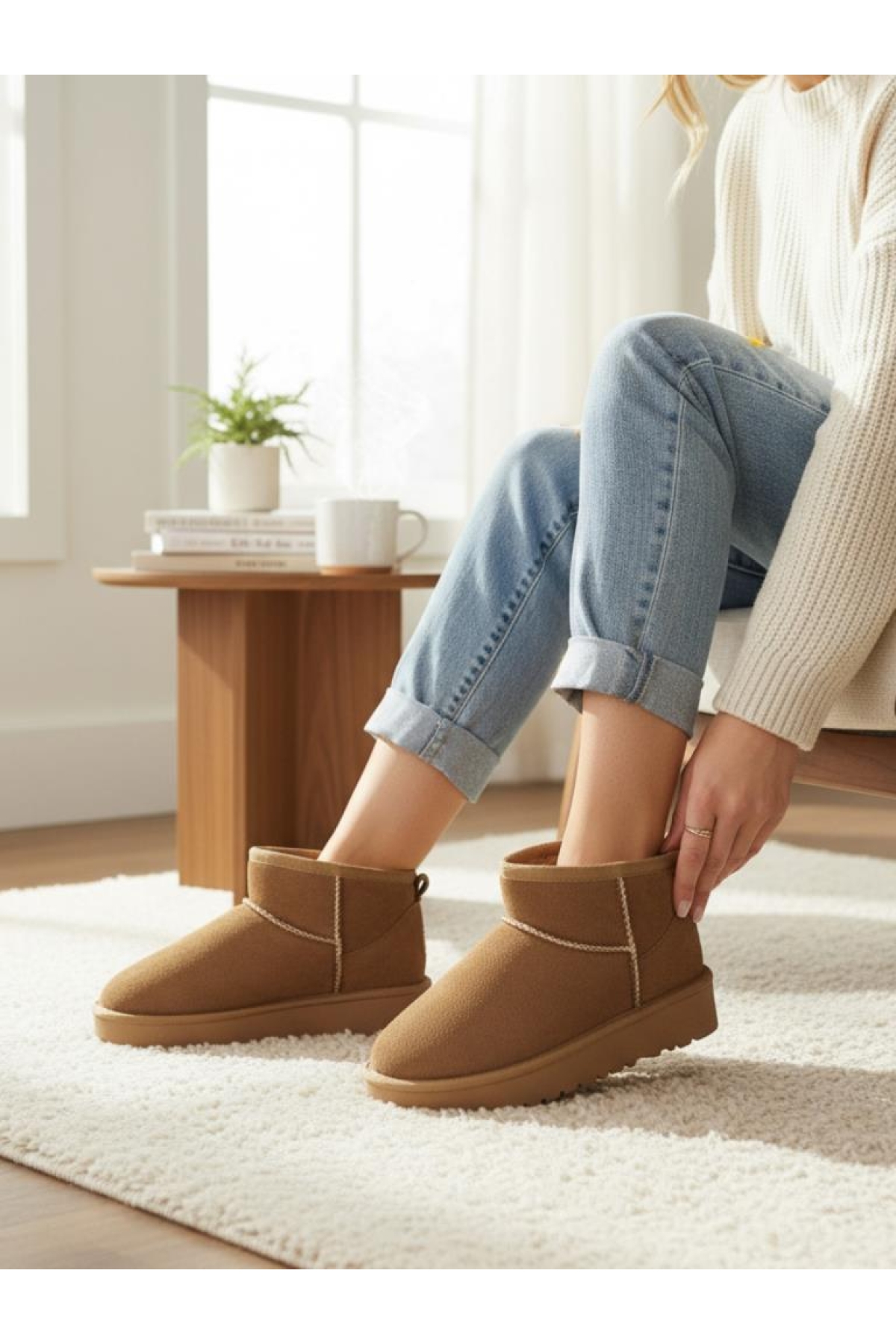 Kız Çocuk Taba Kalın Poli Taban İçi Kürklü Süet Görünümlü Mini Bot - Görsel 4