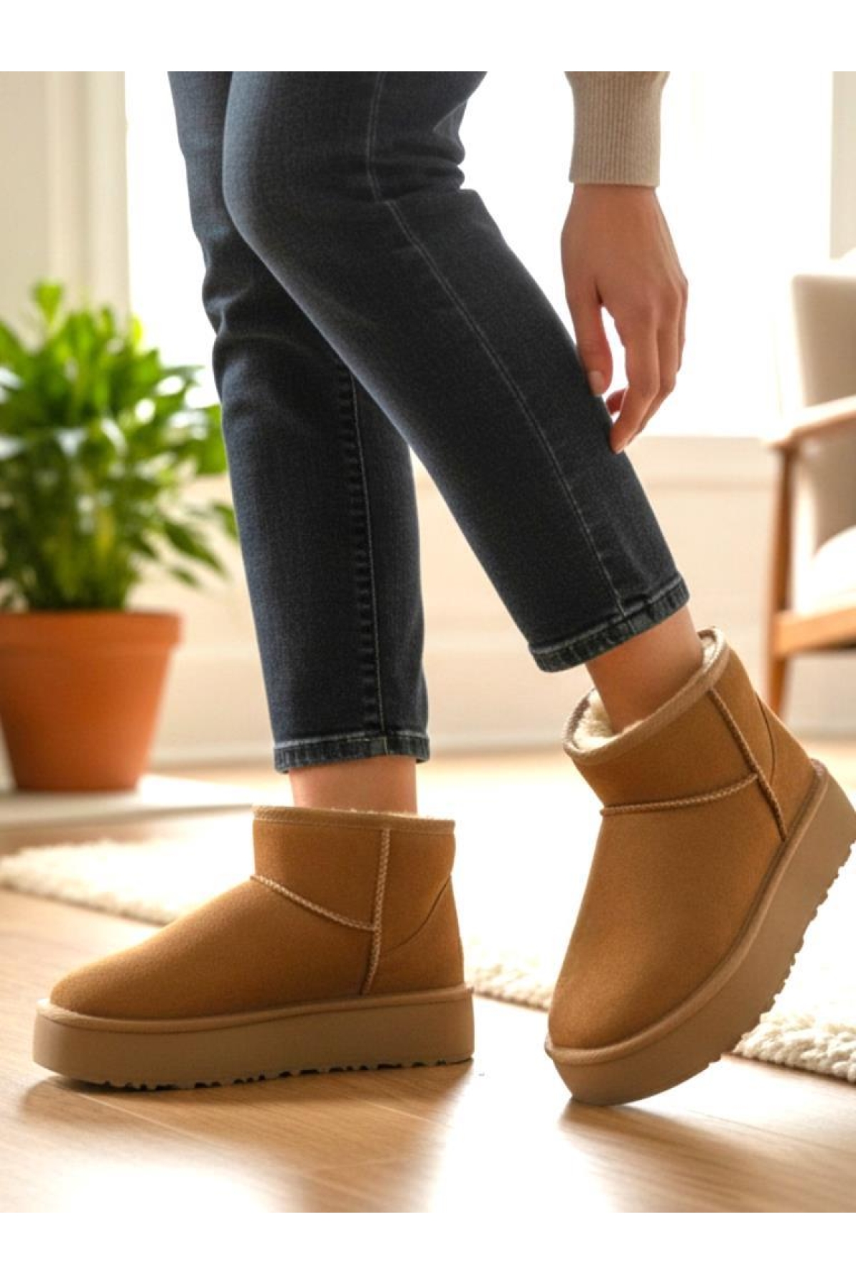 Kadın Taba Ultra Mini Süet Kısa Bilek Kışlık Sıcak Tutan İçi Kürklü Kışlık Taban Bot - Görsel 2