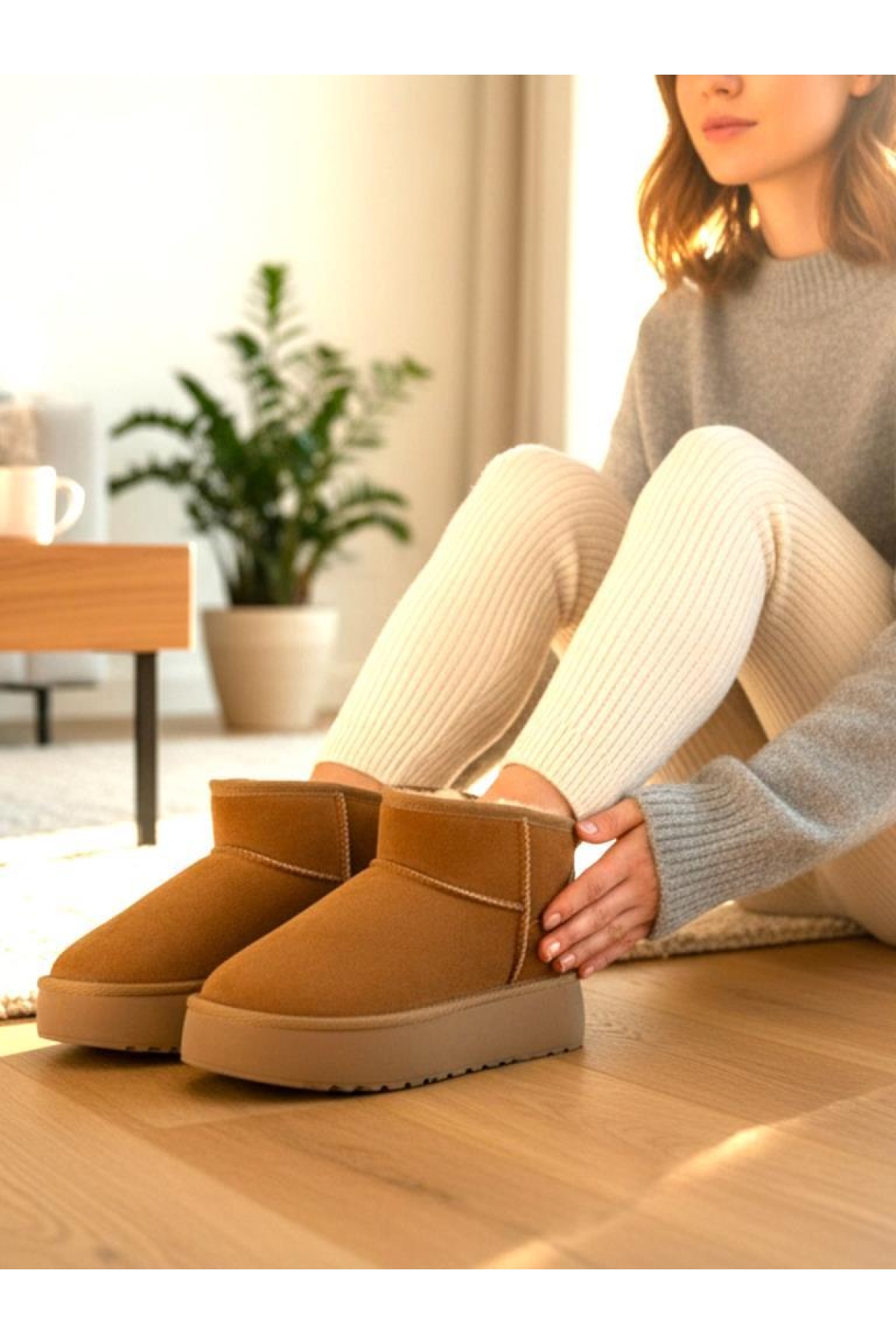 Kadın Taba Ultra Mini Süet Kısa Bilek Kışlık Sıcak Tutan İçi Kürklü Kışlık Taban Bot - Görsel 4