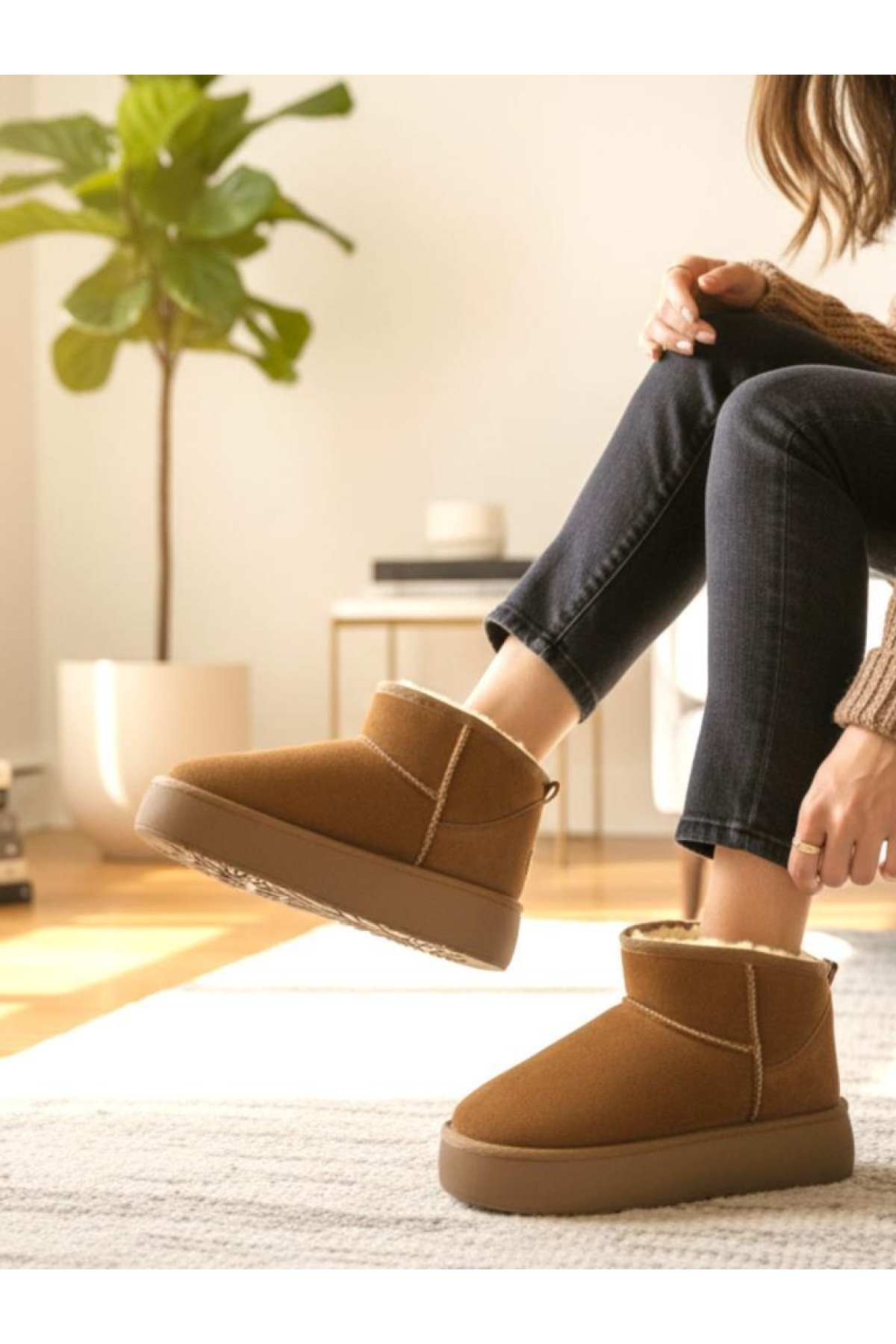 Kadın Taba Ultra Mini Süet Kısa Bilek Kışlık Sıcak Tutan İçi Kürklü Kışlık Taban Bot - Görsel 7